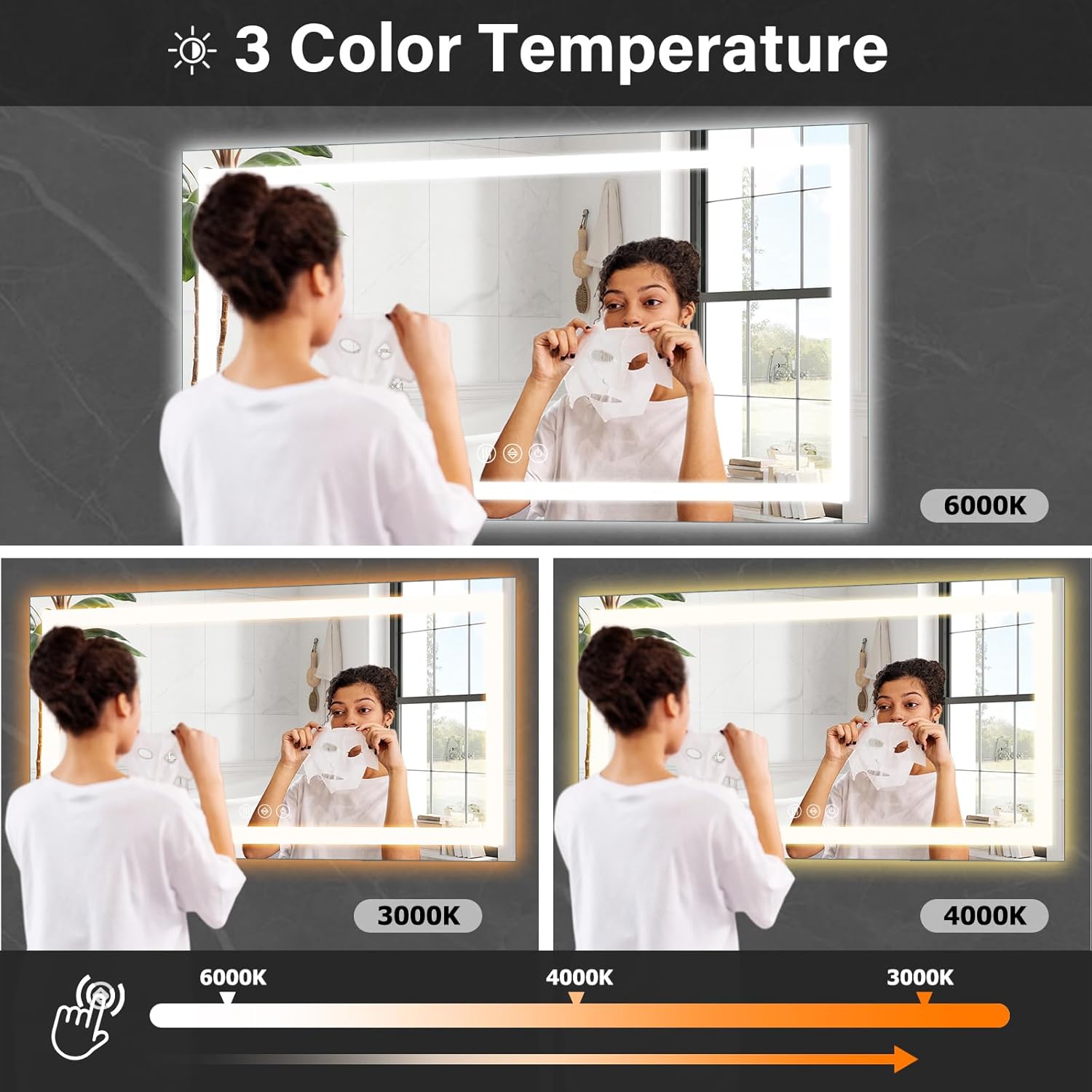 XRAMFY 40"x 60"LED Bathroom Mirror, Backlit + Front Lit, LED Bathroom Mirror with Lights for Wall, 3 Colors, Anti-Fog, Dimmable Brightness, Tempered Glass