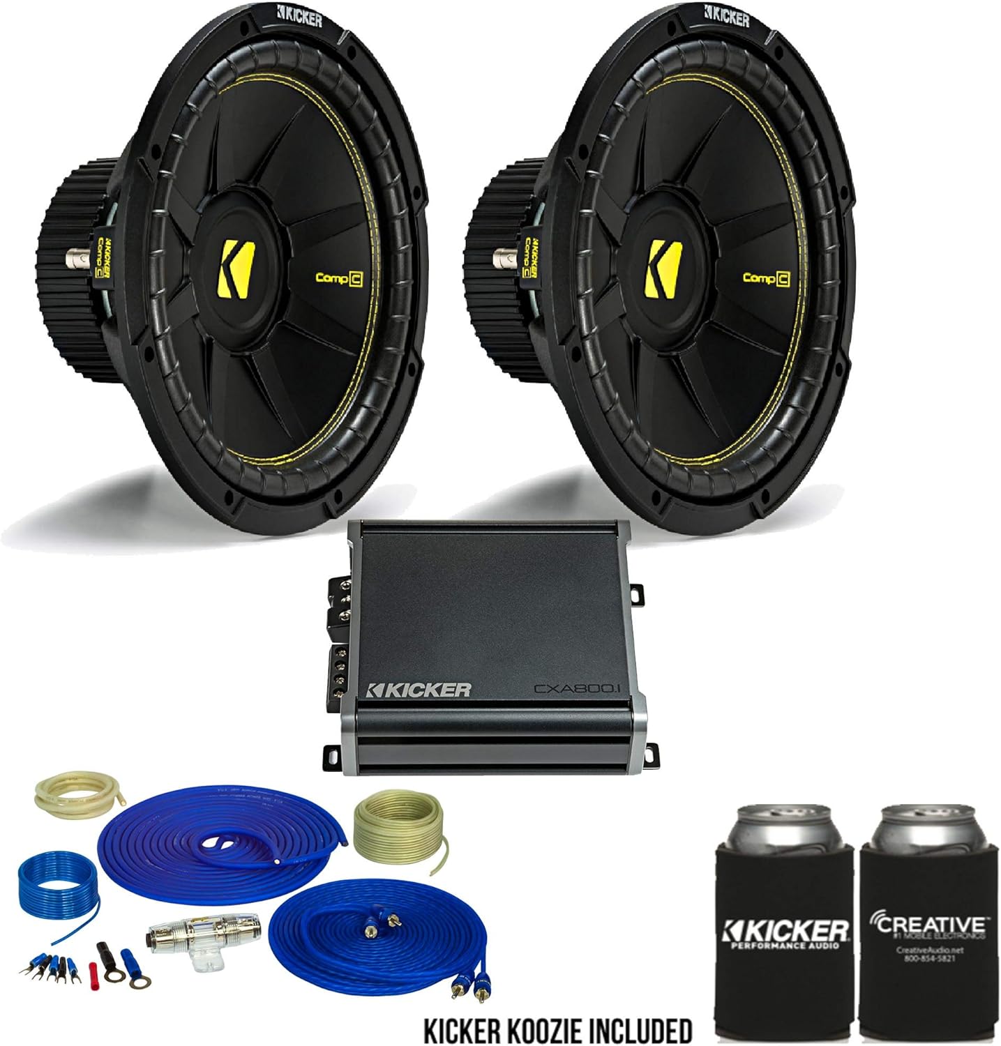 Kicker 12 Inch Bass Bundle 2 44CWCS124 Subwoofers with CXA8001 and amp Wire kit