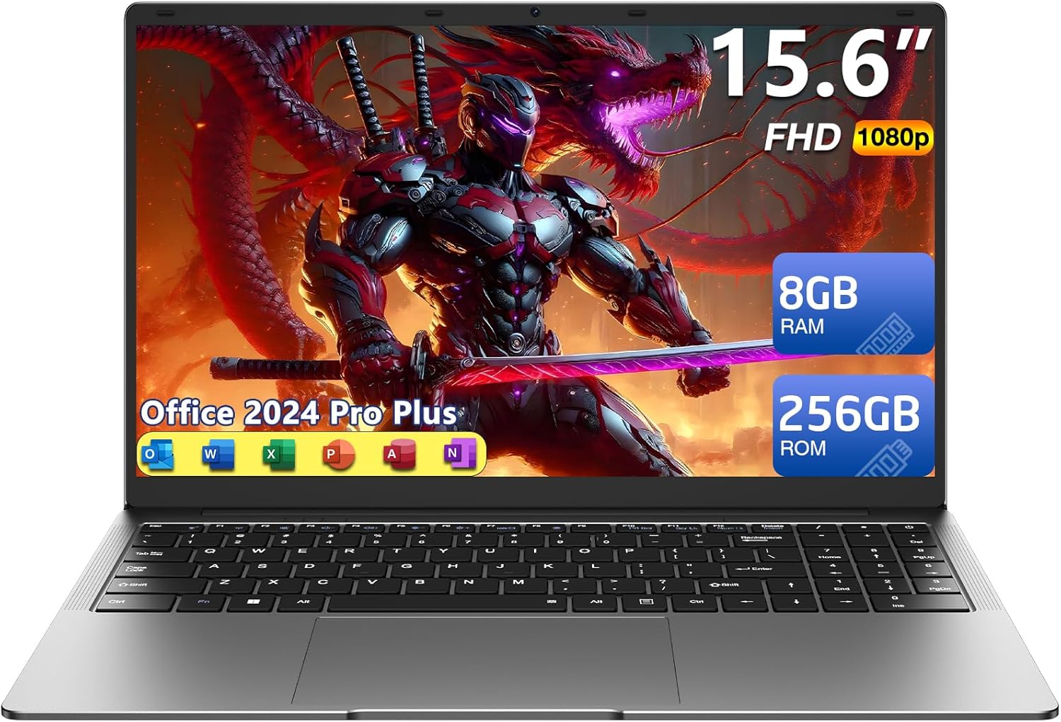 15.6" Laptop, 8GB RAM 256GB Storage, Celeron N4000 (up to 2.6GHz) 100% sRGB Screen, MS Office 2024, Win11 Pro Notebook Computer, Dual Band Wi-Fi, BT5.0, USB-A, Long Battery Life, Silver