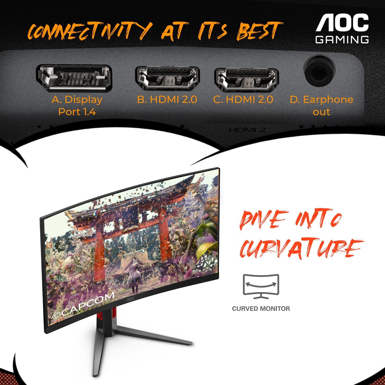 AOC 27" Curved Gaming Monitor, FHD 1080p, 280Hz (DP) 240Hz (HDMI), 0.3ms MPRT, VA Panel 1500R, AMD FreeSync Premium, HDR Ready, Height Adjustable, DisplayPort HDMI C27G4ZH
