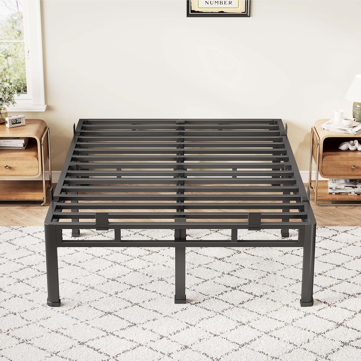 ROIL 14 Inch Queen Bed Frame, Double Layer Metal Bed Frame with Round Corner Legs, 4000LBS Bed Frame & Box Spring 2 in 1 Platform with Headboard Holes Mattress Baffles, Noise-Free Easy Assembly