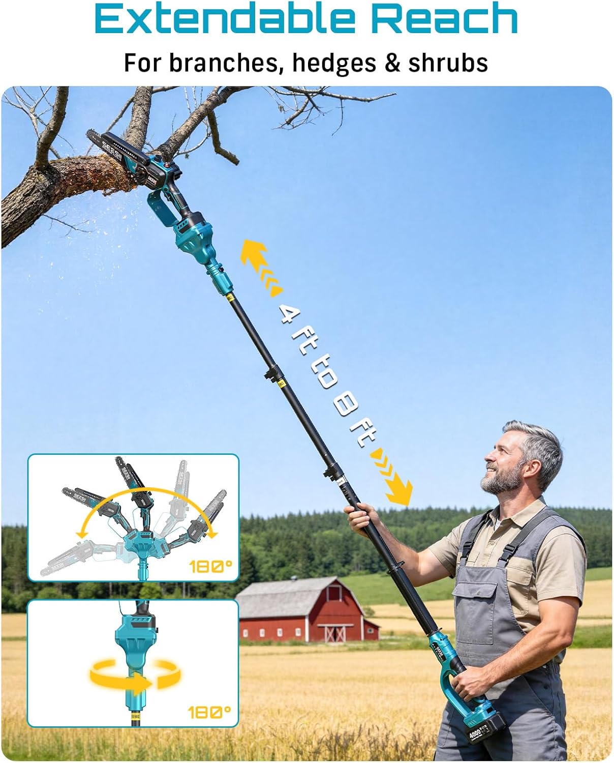 SEESII Cordless Pole Chainsaw, Hedge Trimmer, Pruning Shears, 4000mAh Battery Powered Extendable Garden Tool Kit for Outdoor Use, Electric Long Reach Saw, Hedge and Grass Trimmer, Pruner for Yard Care