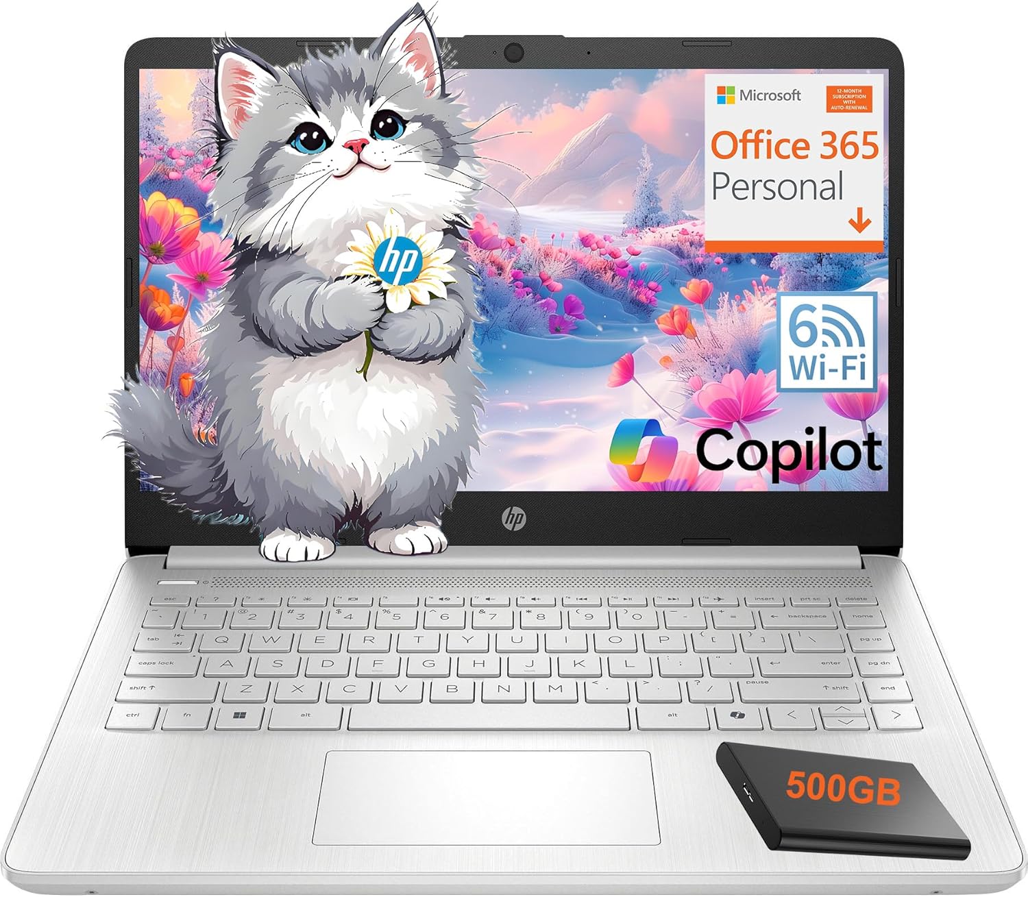 HP Essential Laptop Computer for Home and Student with Office 365, 2026 Edition, 128GB Storage- Intel Processor - LED Display, 500GB External HDD, Portable Design, Copilot AI, Win 11 Home S