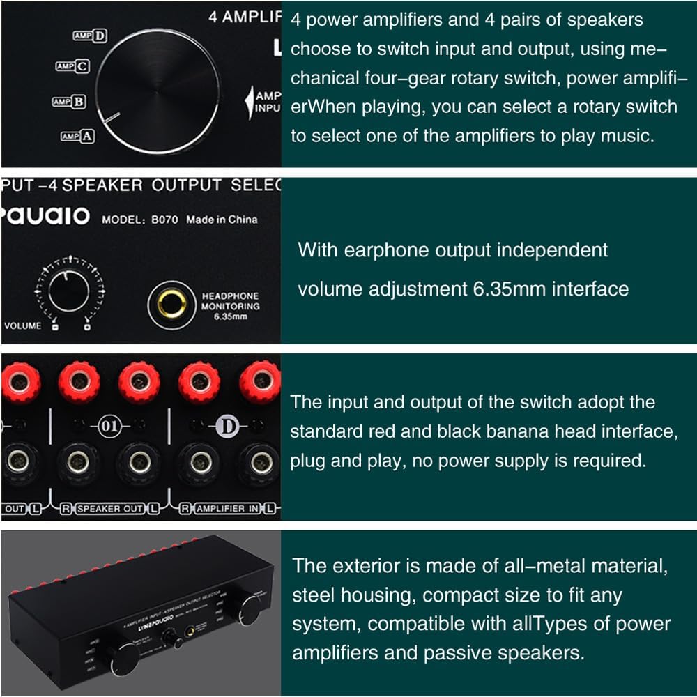 4 Input 4 Output Speaker Switch Selector for Amplifier, 300Wx4 Channel Stereo Audio Switcher Box with 6.35mm Banana Jack - Manual Passive Control for Home Studio Multi Room System