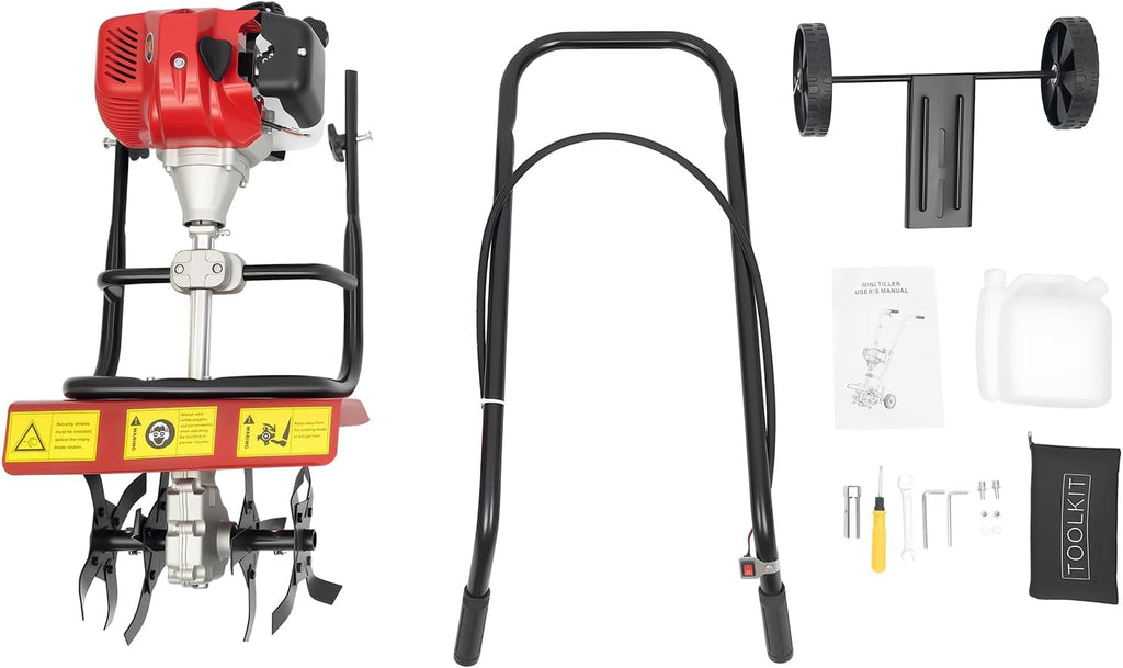 2-Cycle Gas Powered Tiller Cultivator, 52CC Farmyard Tilling Machine, 14.17-Inch Tilling Width, Easy Start, Hand-Pull Recoil, Single Cylinder Air-Cooled Garden Tool, for Lawn Yard & Gardening Care