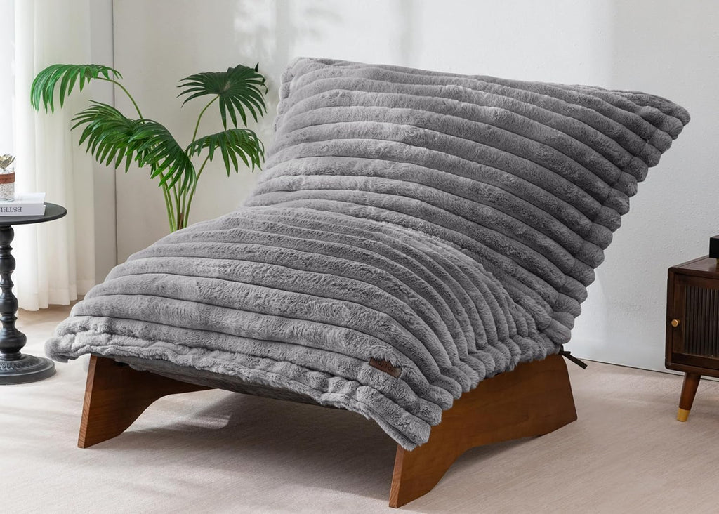MAXYOYO Adjustable Living Room Chair, Convertible Bean Bag Chair & Recliner with Frame, Removable Cushion Floor Sofa Striped Fabric, Soft Upholstered Lounge for Bedroom, Dorm, Grey