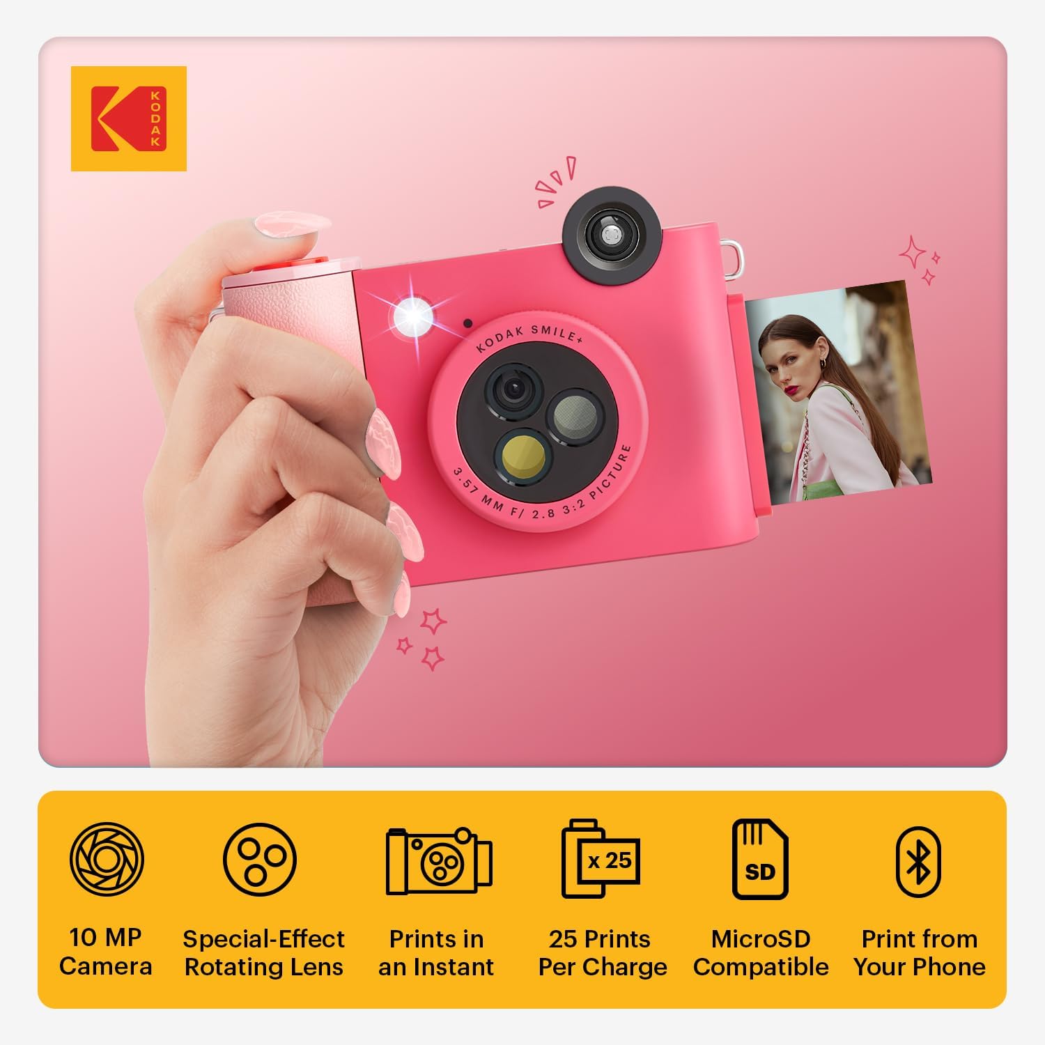 Kodak Smile+ 2-in-1 Digital Instant Print Camera & Wireless Bluetooth Photo Printer - 10MP, Special-Effect Rotating Lens, Zink 2x3” Sticky-Back Photos, Print via Fun App from Smart Devices - Fuchsia