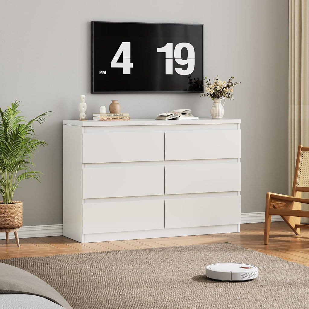 Jocoevol White 6 Drawer Dresser for Bedroom, 15.3" D x 47.2" W x 32.3" H in Simply Modern Chest of Drawers, Wood Storage Double Dresser with Deep Drawers for Living Room, Hallway Entryway, White