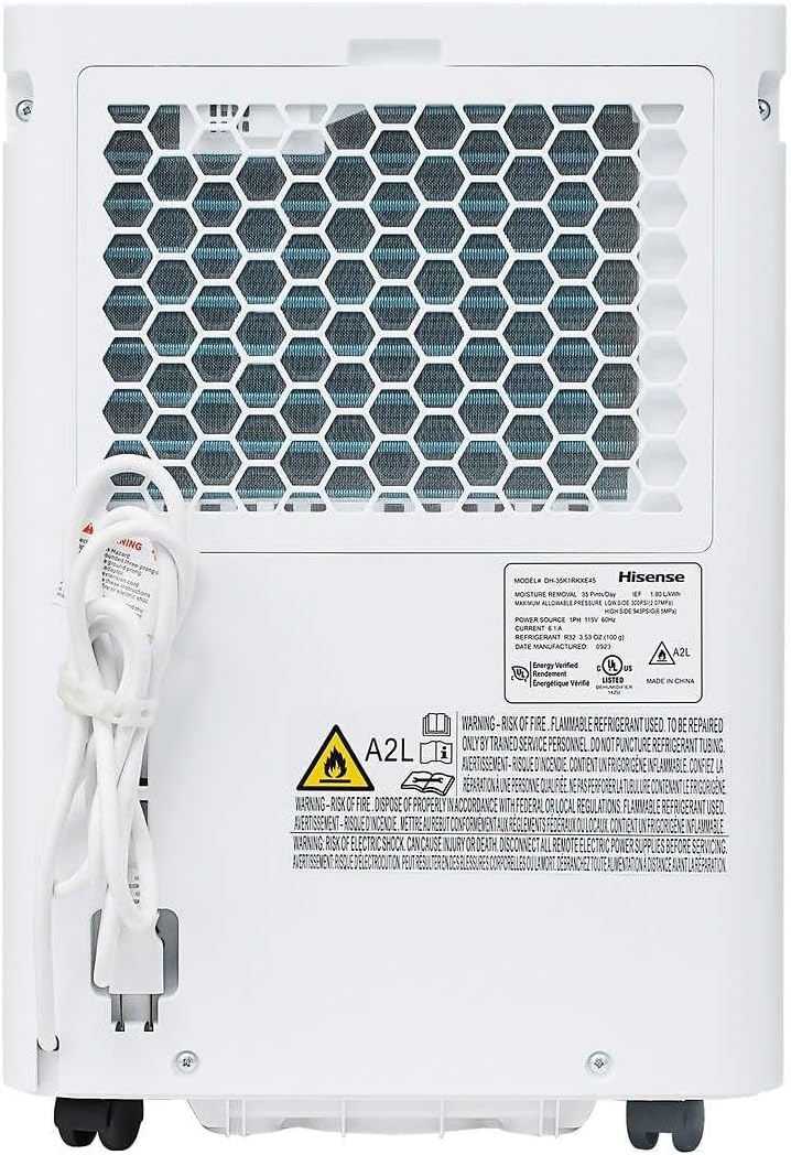 Hisense 35 Pint 3,000 sq. ft. Portable Dehumidifier, Low Noise Airflow System, 3-Speed, Removable Washable Filter, Easy-carry handle - HD3524