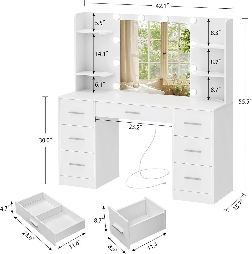 Quimoo Large Vanity Desk with LED Lighted Mirror & Power Outlet,Makeup Vanity Table with 7 Drawers,4 Shelves and 5 Hooks,Vanity Table, Vanity Desk Set for Bedroom,Bathroom,White