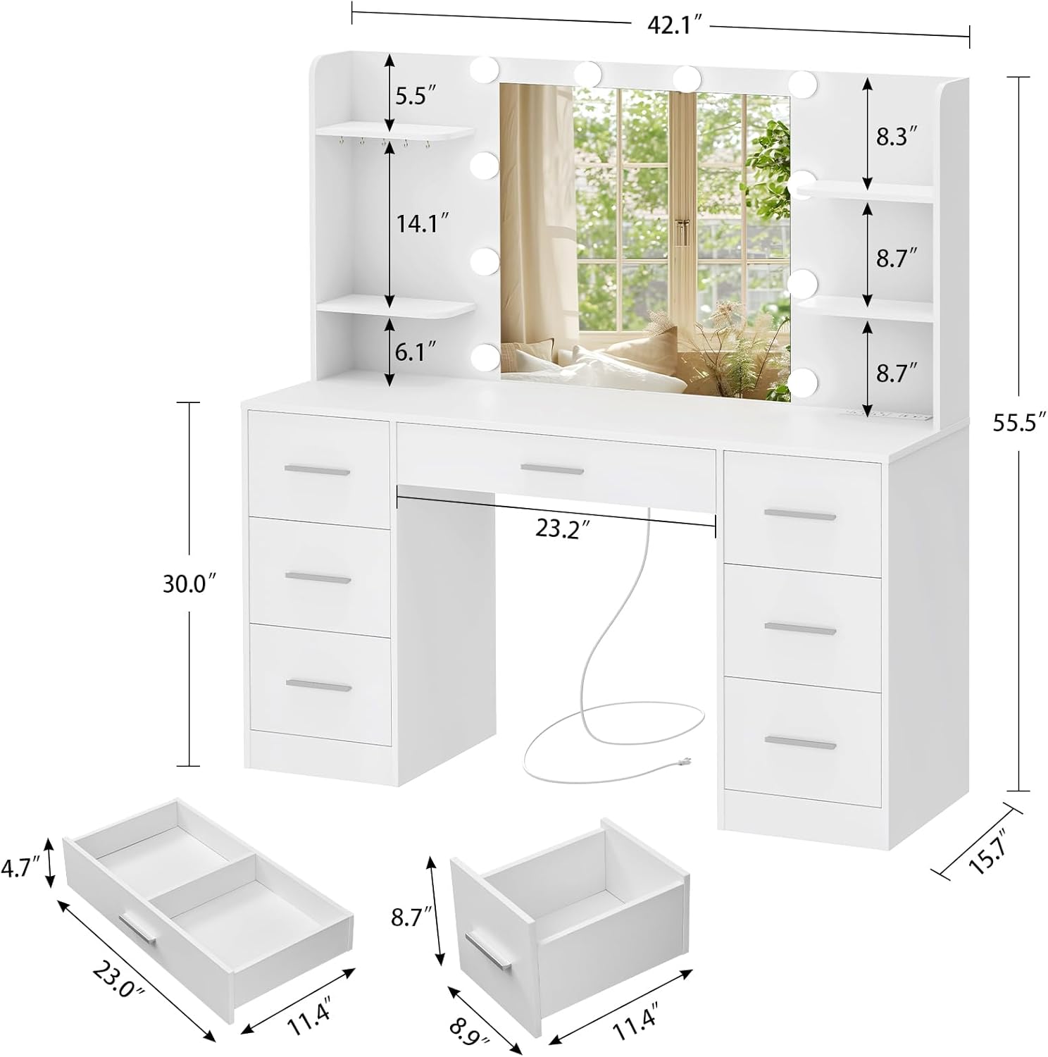 Quimoo Large Vanity Desk with LED Lighted Mirror & Power Outlet,Makeup Vanity Table with 7 Drawers,4 Shelves and 5 Hooks,Vanity Table, Vanity Desk Set for Bedroom,Bathroom,White