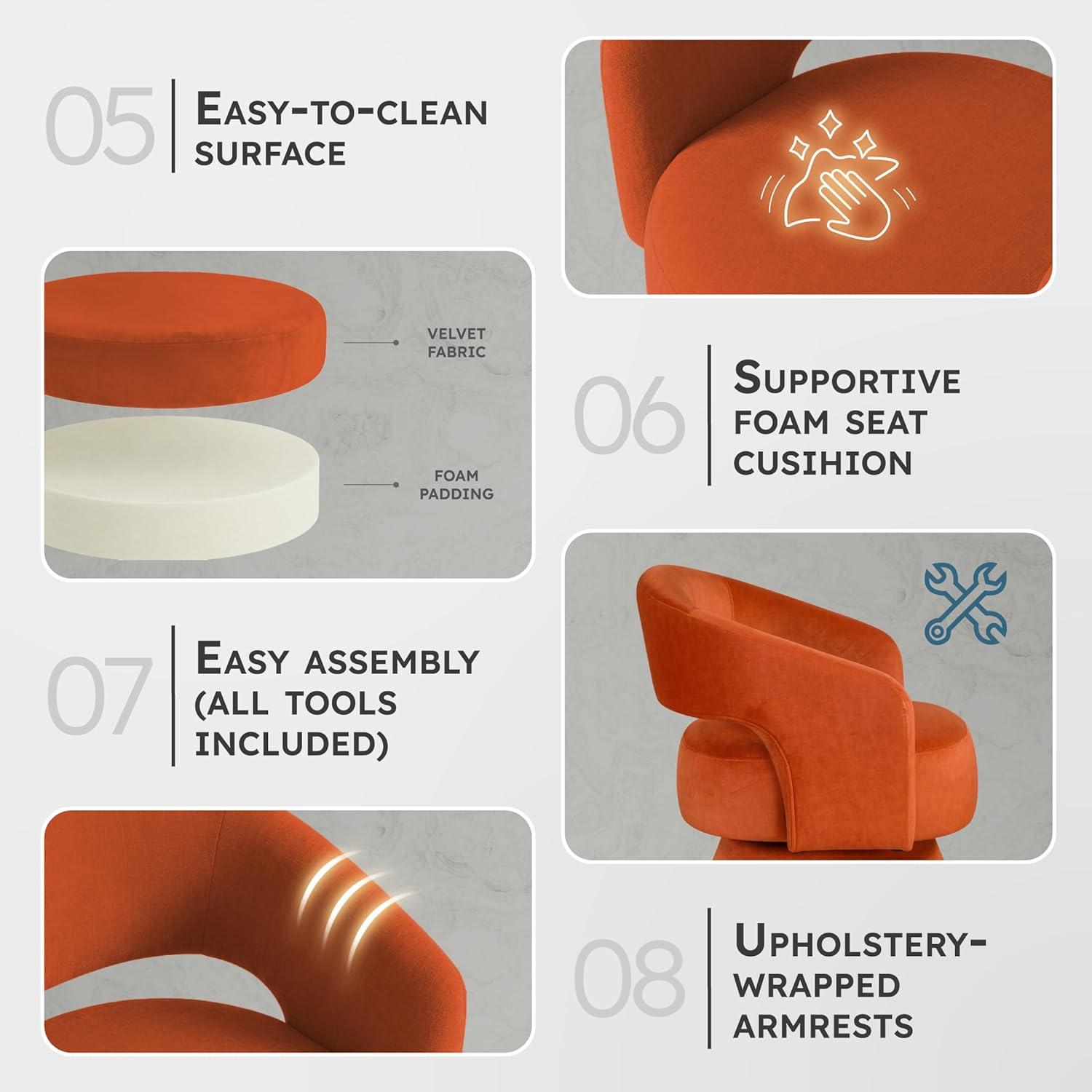Lexicon 360 Degree Swivel Accent Chair, Modern Comfy Velvet Round Barrel Chair, Open Back, Plush Foam Cushions, Metal Swivel Base for Living Room/Bedroom/Office/Small Spaces, Orange