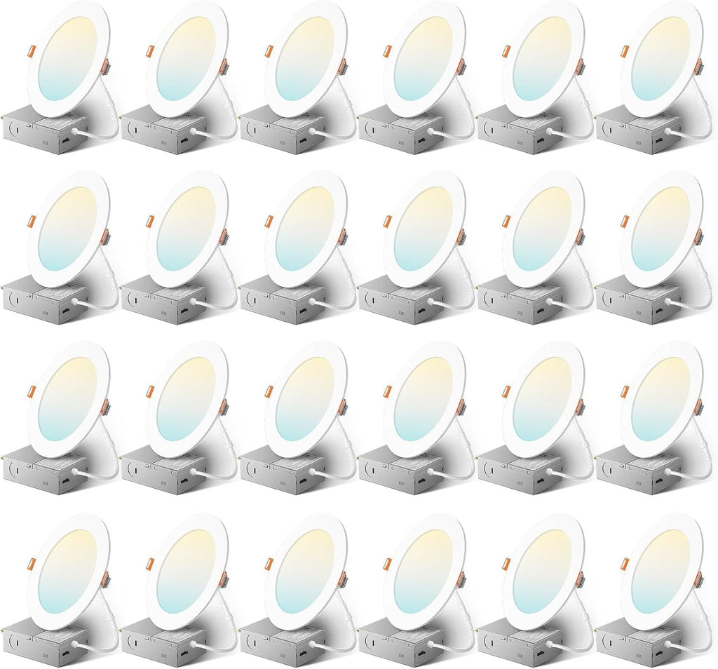 Amico 24 Pack 6 Inch 5CCT Ultra-Thin LED Recessed Ceiling Light with Junction Box, 2700K/3000K/3500K/4000K/5000K Selectable, 1050 Lumens, Dimmable Canless Wafer Downlight, 12W Eqv 110W-ETL&FCC