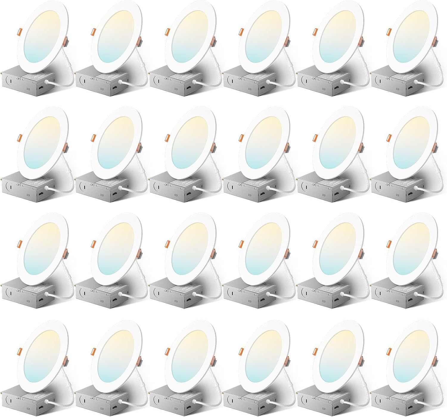 Amico 24 Pack 6 Inch 5CCT Ultra-Thin LED Recessed Ceiling Light with Junction Box, 2700K/3000K/3500K/4000K/5000K Selectable, 1050 Lumens, Dimmable Canless Wafer Downlight, 12W Eqv 110W-ETL&FCC