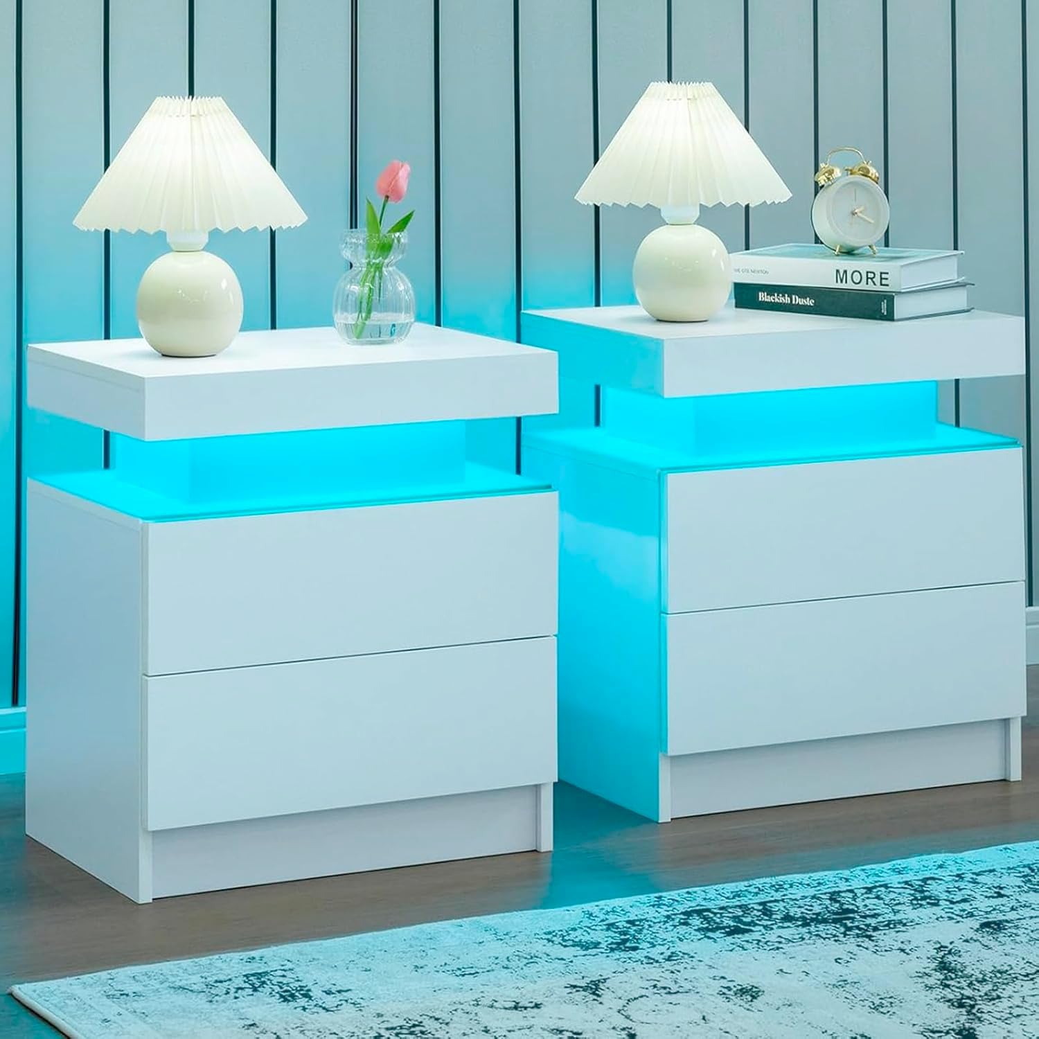 i-aplus Night Stand Set 2,LED Nightstands Set of 2,Bedside Table with Wood Drawers,Modern End Side Table for Bedroom,White