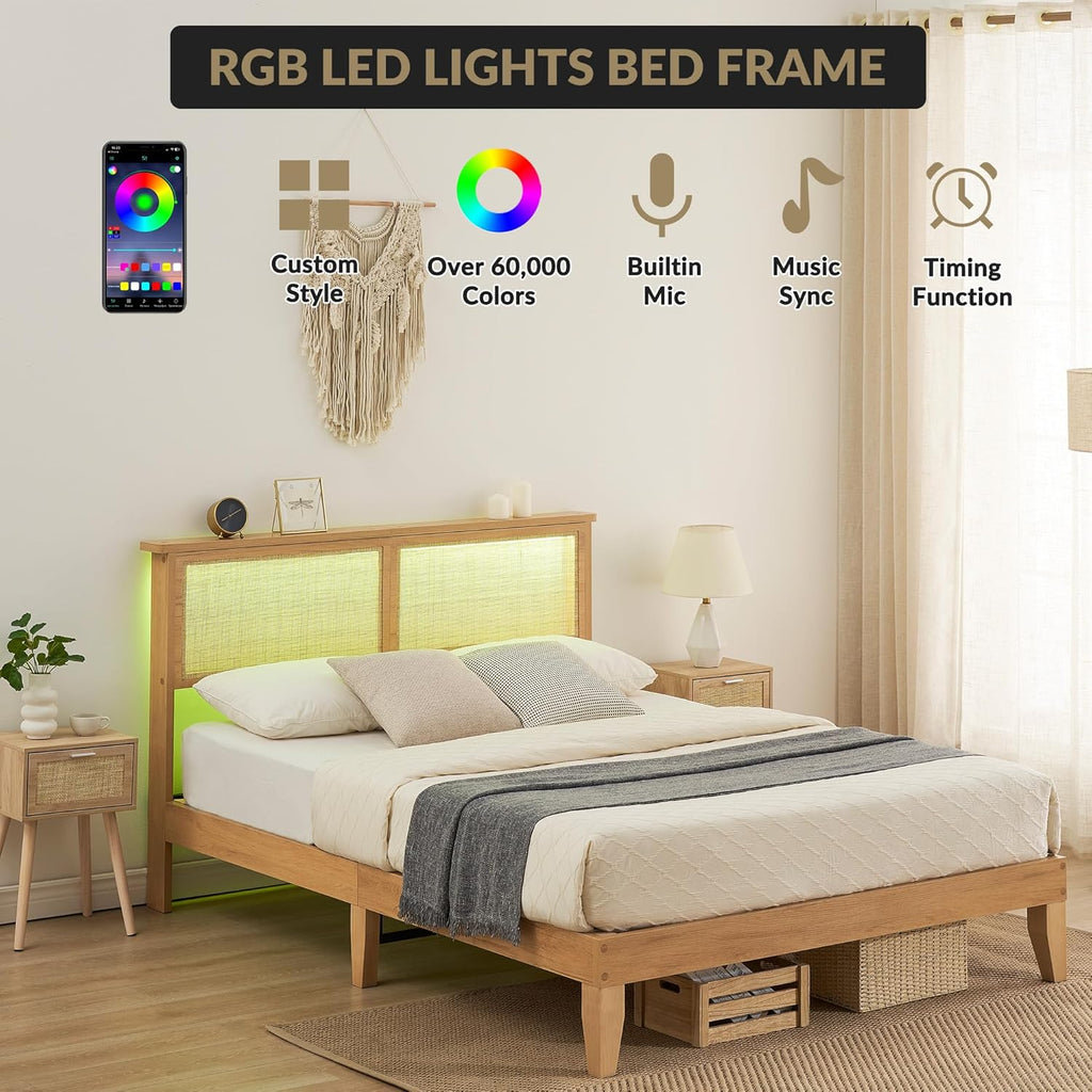 Garvee Full Size Rattan Bed Frame, Bohemian Rattan Bed Frame Full with Natural Headboard, LED Lights, No Box Spring Needed