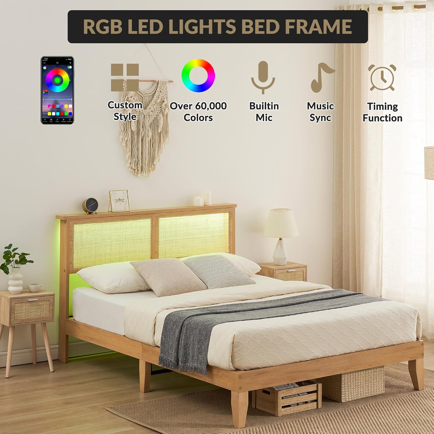 Garvee Full Size Rattan Bed Frame, Bohemian Rattan Bed Frame Full with Natural Headboard, LED Lights, No Box Spring Needed