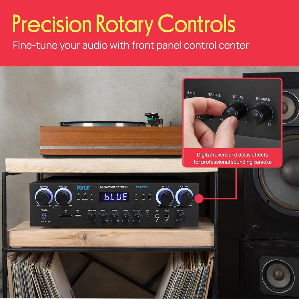 Pyle Home Stereo Receiver with Bluetooth - 4 Channel Amplifier, 800 Watt Max, USB-A Input w MP3 Player, Easy Karaoke Setup with Mic Vol, Reverb and Delay, RCA in/Out, SD Card, FM Radio - PDA77BU