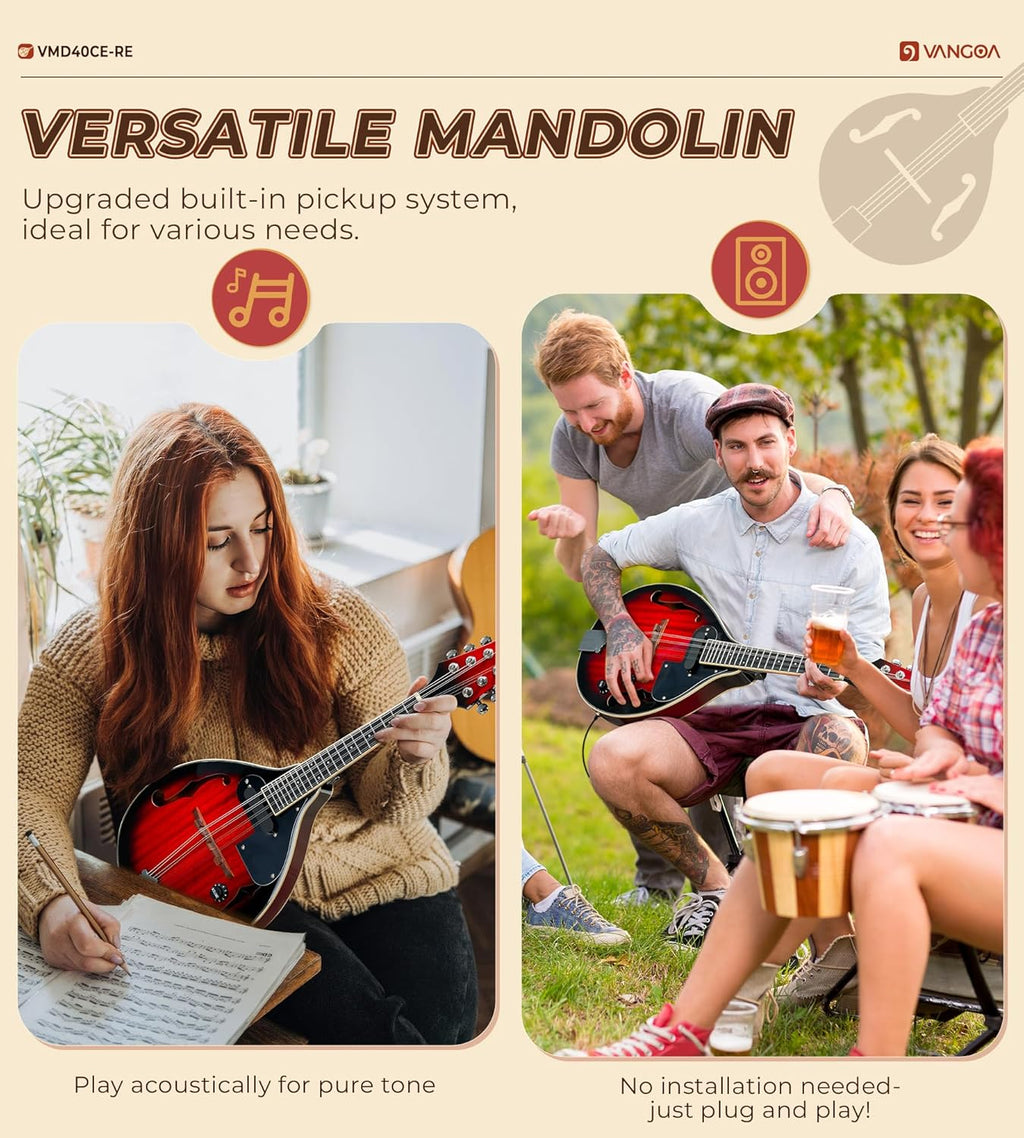 Vangoa Mandolin Musical Instrument A Style Acoustic Electric, 8 Strings Mahogany for Beginner Adults Teens, Red Burst