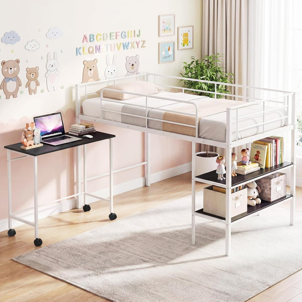 Giantex Low Loft Bed with Desk & Bookshelf, Twin Size Platform Bedframe w/Sturdy Metal Slats, Storage Bookcase & Rolling Desk, Kids Loft Bed for Boys Girls, No Box Spring Needed (White)