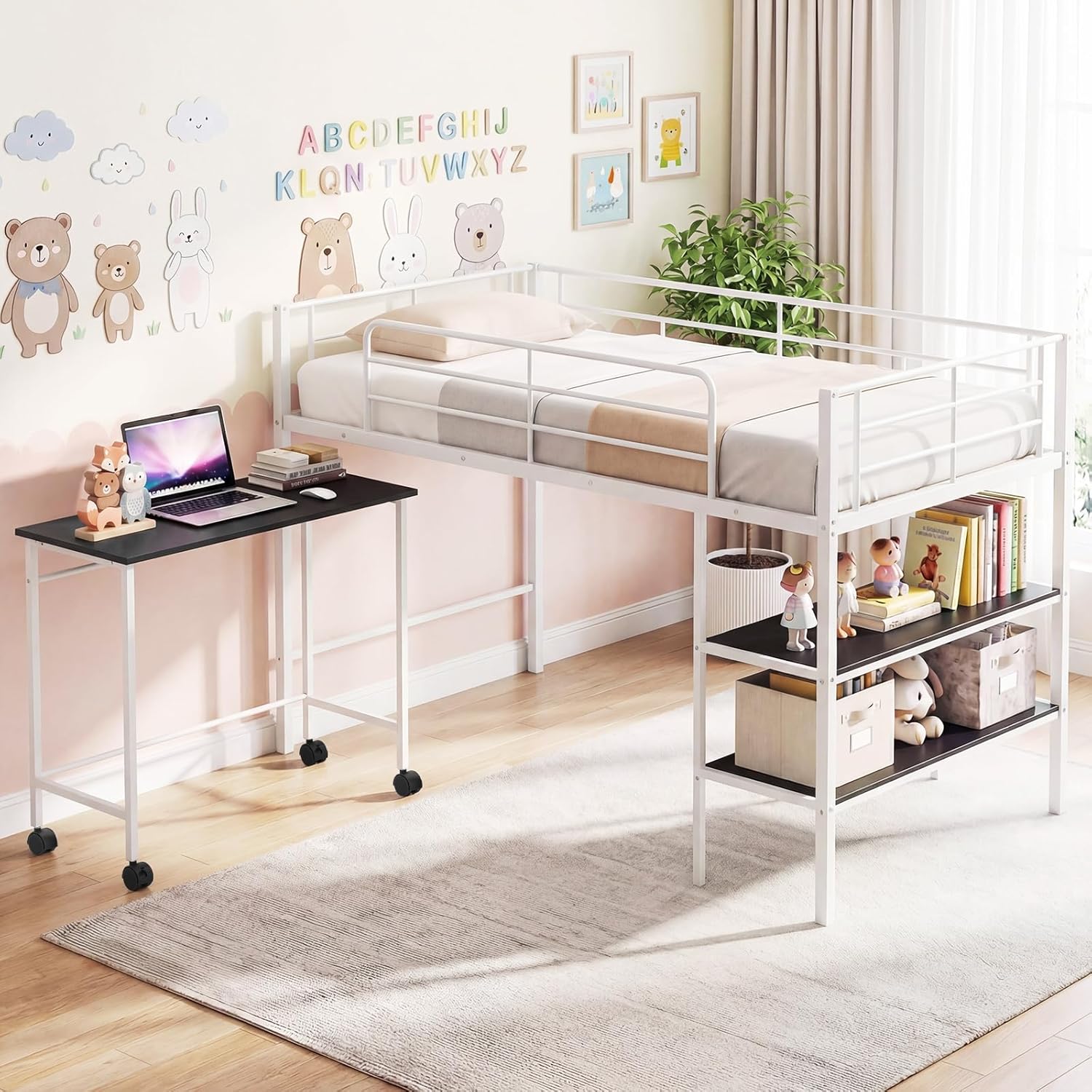 Giantex Low Loft Bed with Desk & Bookshelf, Twin Size Platform Bedframe w/Sturdy Metal Slats, Storage Bookcase & Rolling Desk, Kids Loft Bed for Boys Girls, No Box Spring Needed (White)