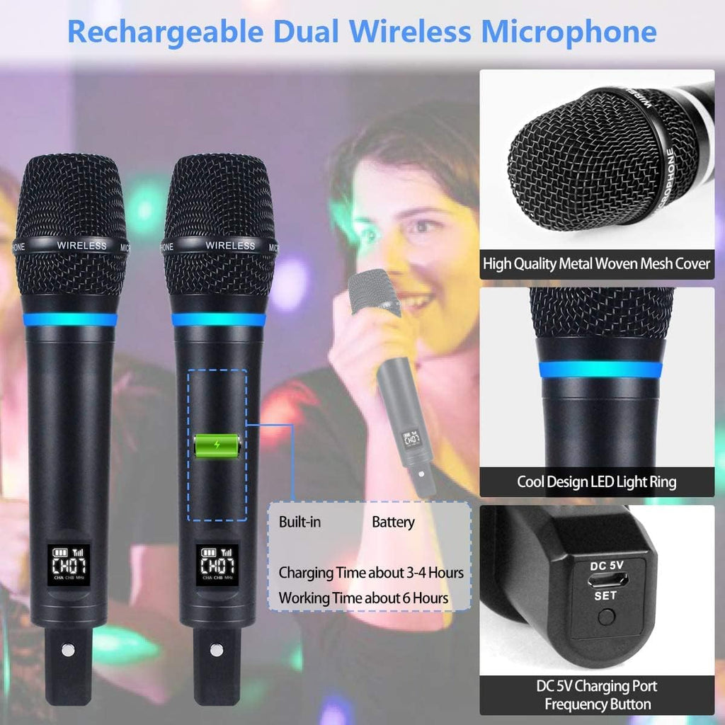 S9 UHF Rechargeable Wireless Microphone System Karaoke Microphone Wireless Mic Cordless Dual with Bluetooth Receiver Box + Volume Control ECHO for Karaoke Singing Speech Meeting Church, 200FT