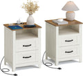 VASAGLE LIRY Collection - Farmhouse Nightstands with Charging Station, Set of 2 Bedside Tables, Side Tables with 2 Drawers, Open Compartment, for Bedroom, Rustic White and Honey Brown ULET869W01