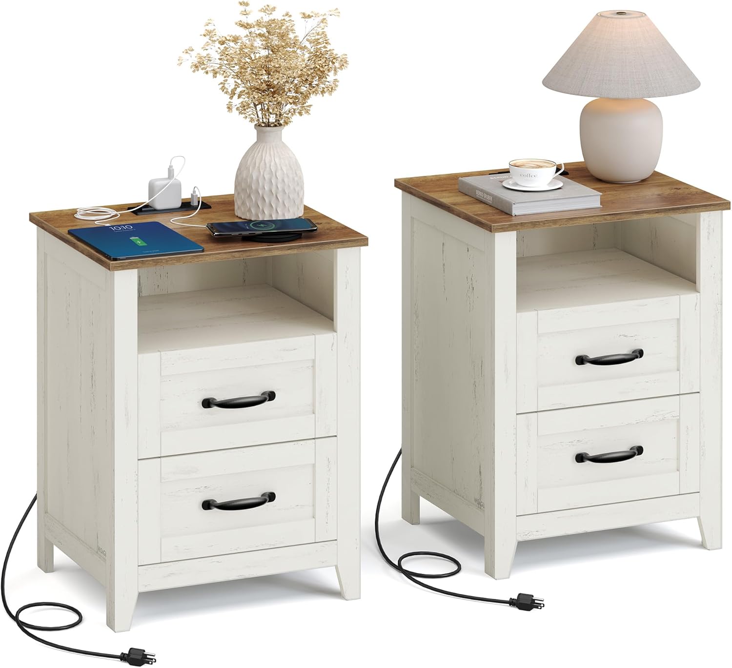 VASAGLE LIRY Collection - Farmhouse Nightstands with Charging Station, Set of 2 Bedside Tables, Side Tables with 2 Drawers, Open Compartment, for Bedroom, Rustic White and Honey Brown ULET869W01