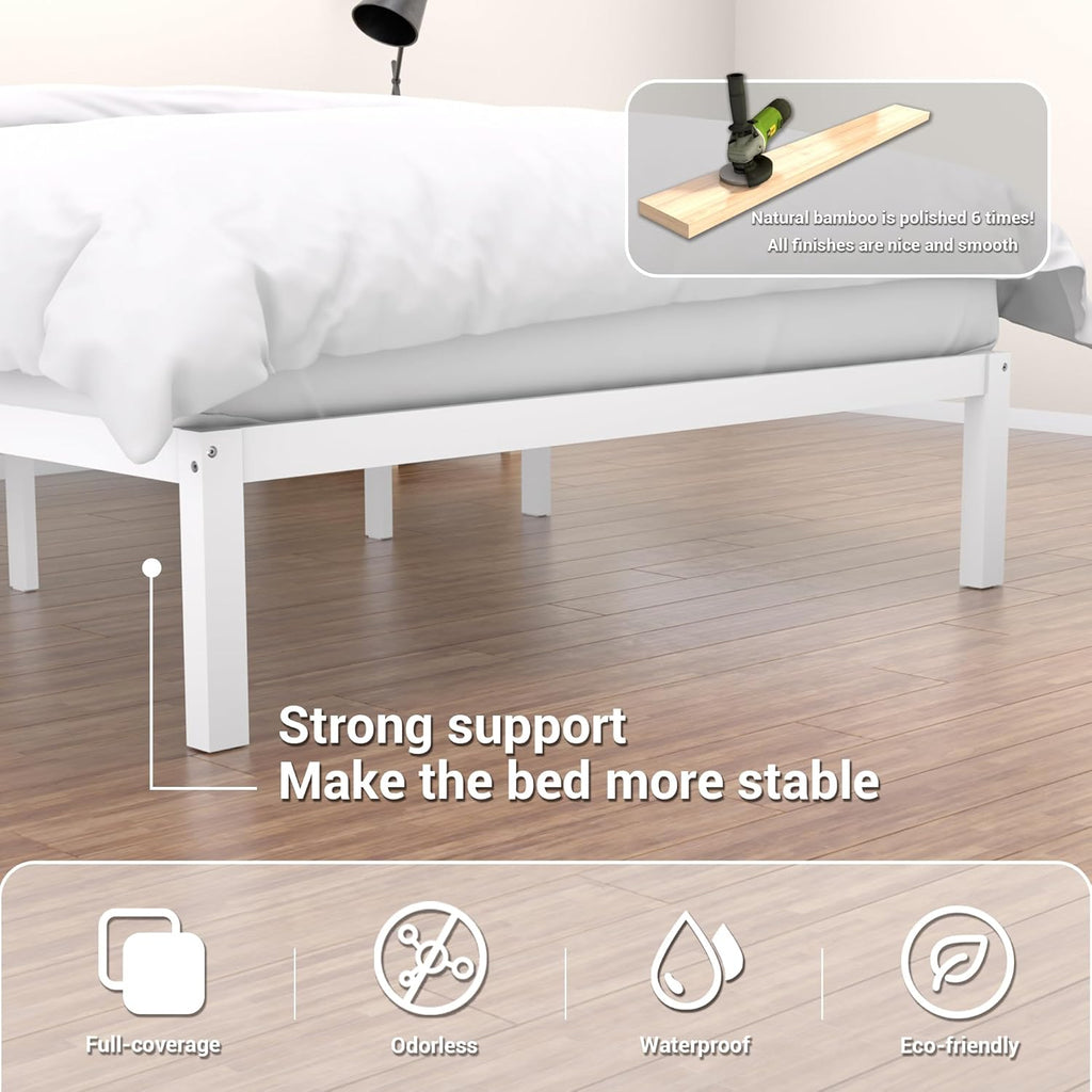 Bamboo Wood Bed Frame 14" Queen Size Platform Bed with Non-Slip Slats Support, No Box Spring Needed, Smooth Finish Bed with Under Bed Storage for Dorm & Bedroom, White