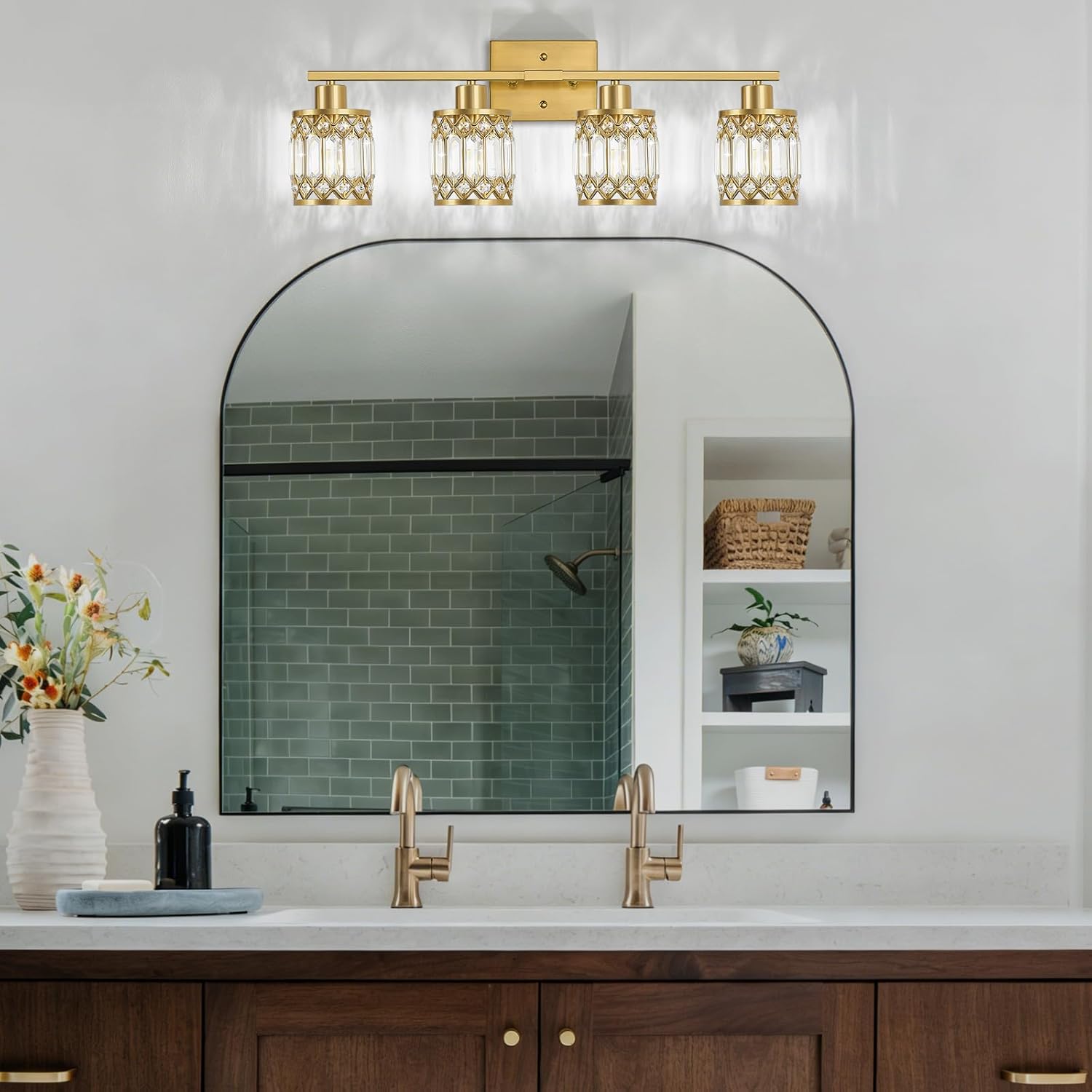 Crystal Modern Bathroom Light Fixtures, 4-Light Brushed Gold Bathroom Vanity Wall Light, Vanity Lights for Mirror, Restroom, Bedroom (E26 Socket, Bulbs Not Included)