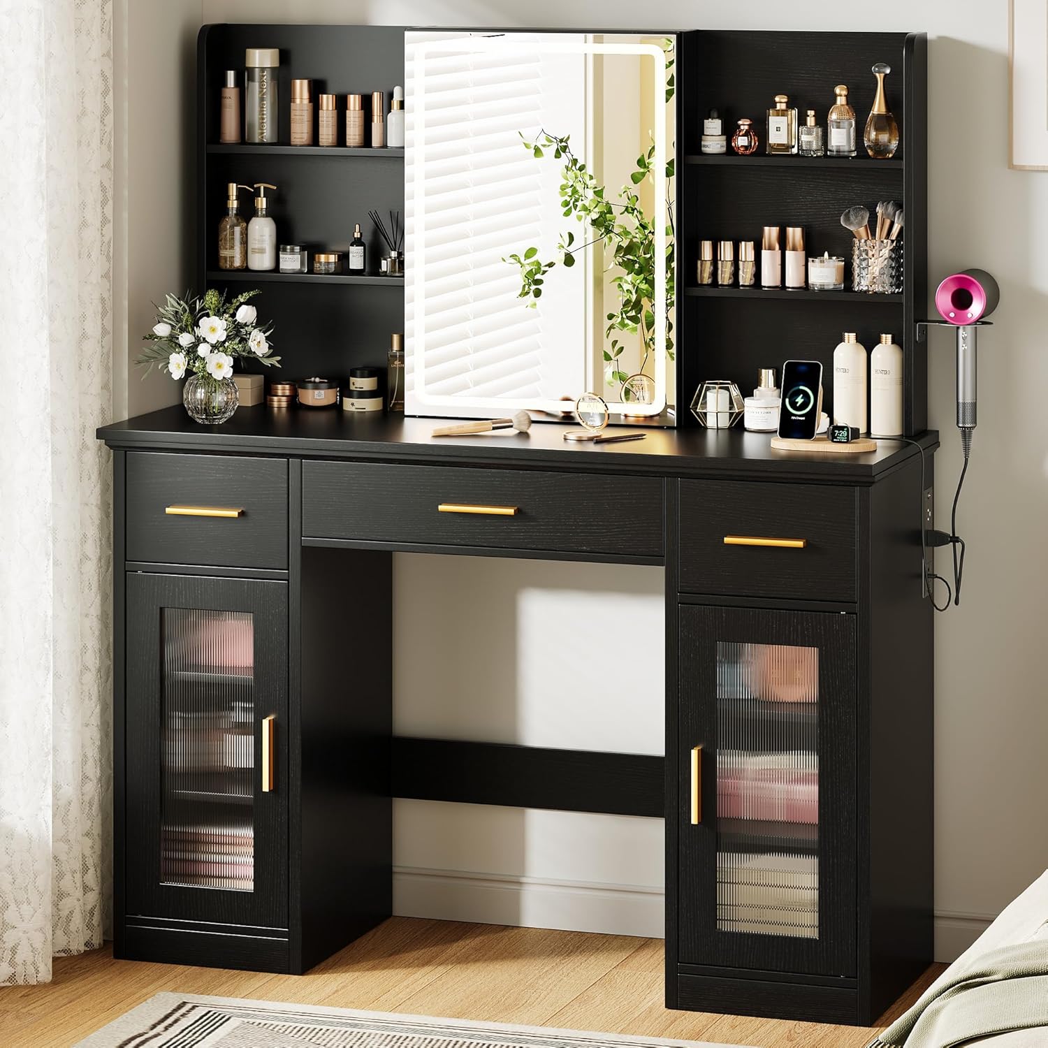 Memobarco Vanity Desk with Mirror and Lights, 43.5" Makeup Vanity with 3 Adjustable Lighting Modes, Large Vanity Desk with Sliding Mirror with 4 Drawers & 2 Cabinets, Power Outlets, Black