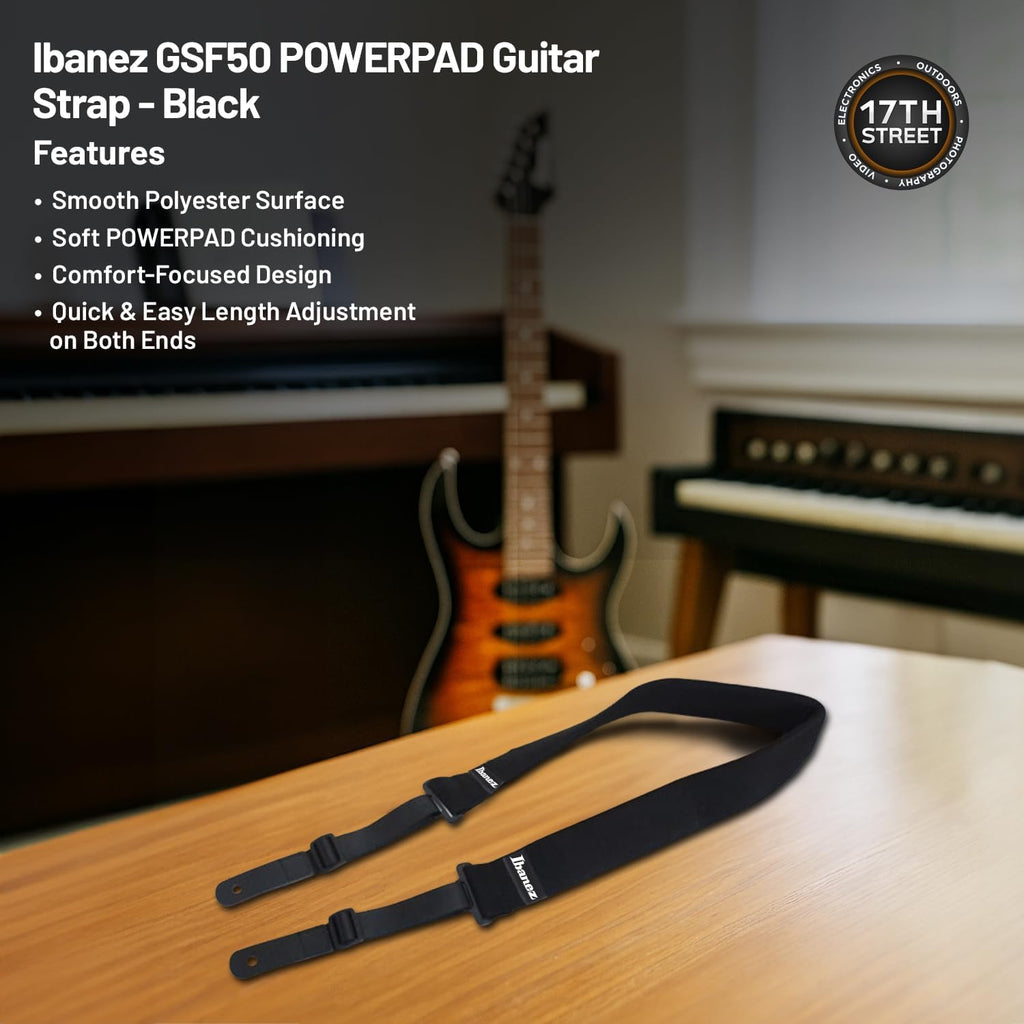 Ibanez GSR200 4-String Bass Guitar (Transparent Red) - Right Handed Poplar Body Bass with GSF50 Powerpad Strap, 15 Pack Guitar Picks with Storage Box & Microfiber Cleaning Cloth (Bundle Set)