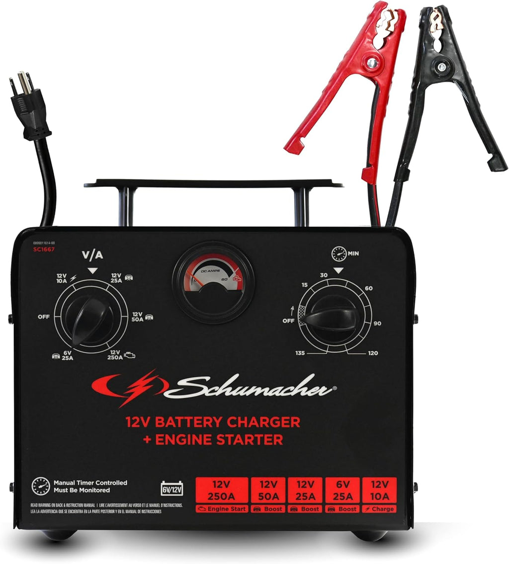 Schumacher Electric 6V/12V Time Controlled Battery Charger & Engine Starter - Precision Controlled Charger with 135-minute Timer & Overload Protection - 250 Cranking Amps & 3 Boost Modes - SC1667