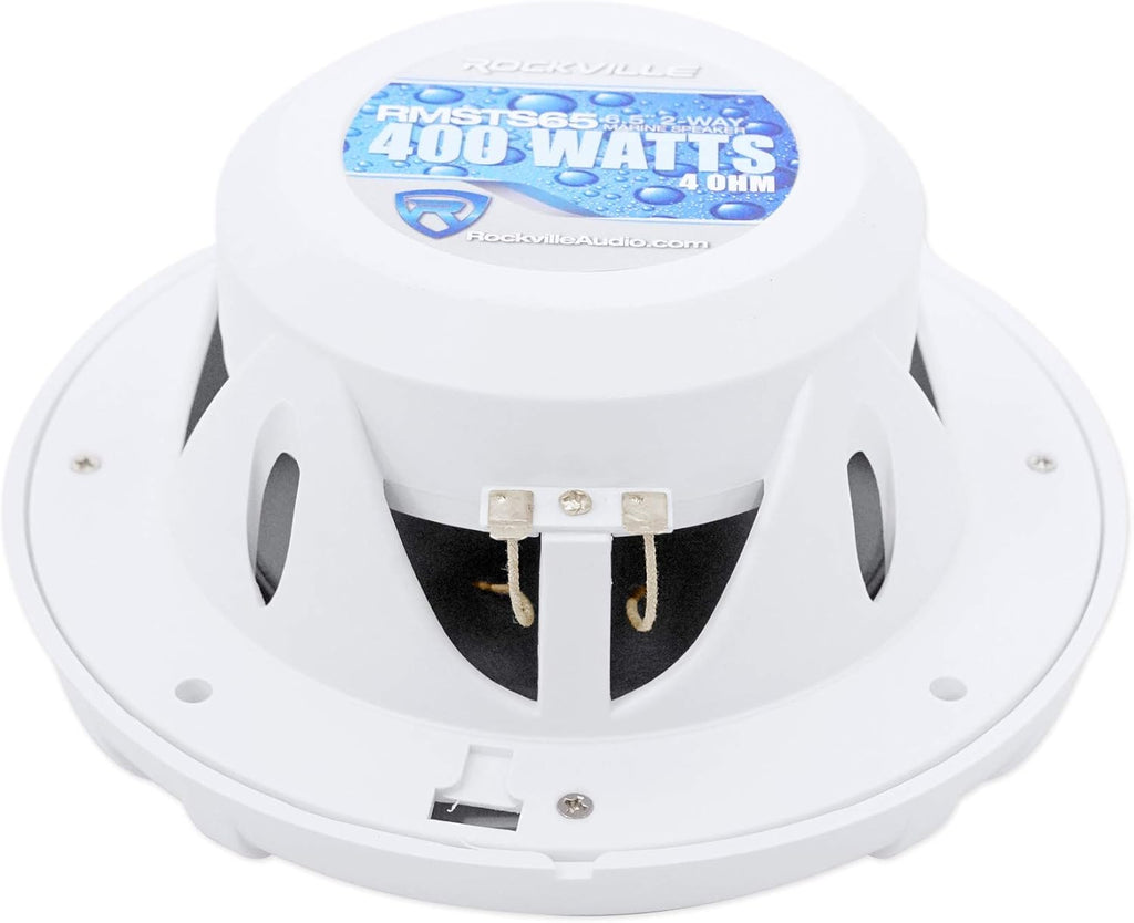 Rockville RXM-S6 Bundle: 2600W Marine 6-Ch Amplifier with PA Mic, (4) RMSTS65W 6.5 in 800W Per Pair 2-Way Boat Speakers, (2) RWB70W 250W Wakeboard Tower Speakers, RMWK4 4 AWG Amp Install Kit, 8-Items