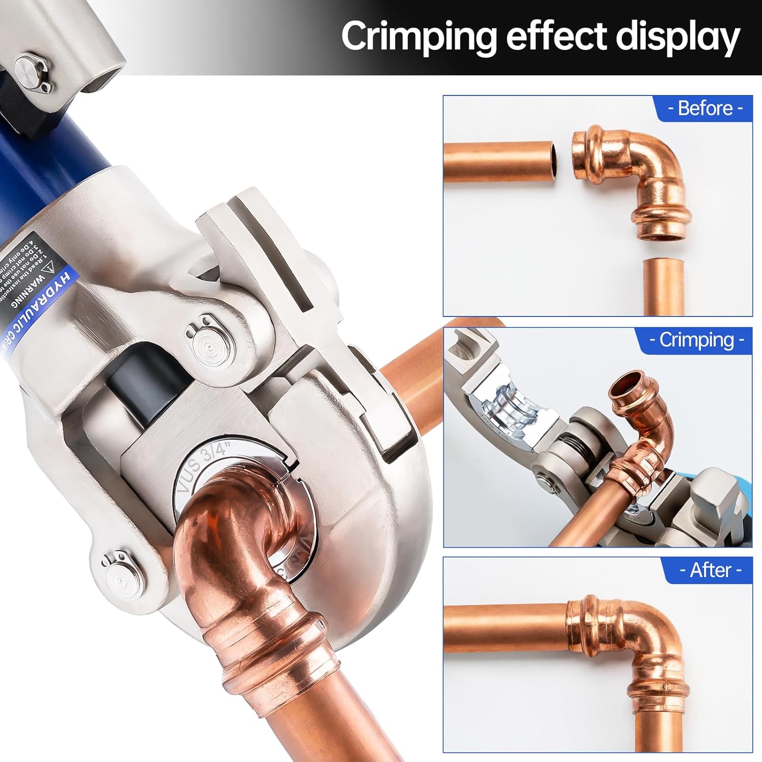 Copper Tube Fittings Hydraulic Pipe Crimping Tool with 1/2",3/4" and 1" Jaw Copper Pipe Press Crimper Pressing Pliers, with Pipe Cutter