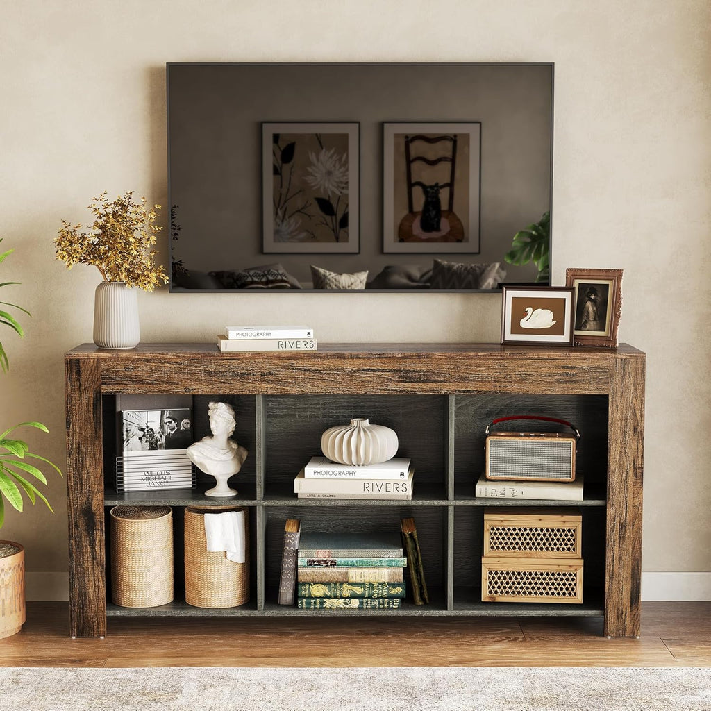 LITTLE TREE TV Stand with Storage, 63-Inch Entertainment Center with Shelves, Modern Media Console for Television up to 65" for Living Room, Bedroom, Brown + Black