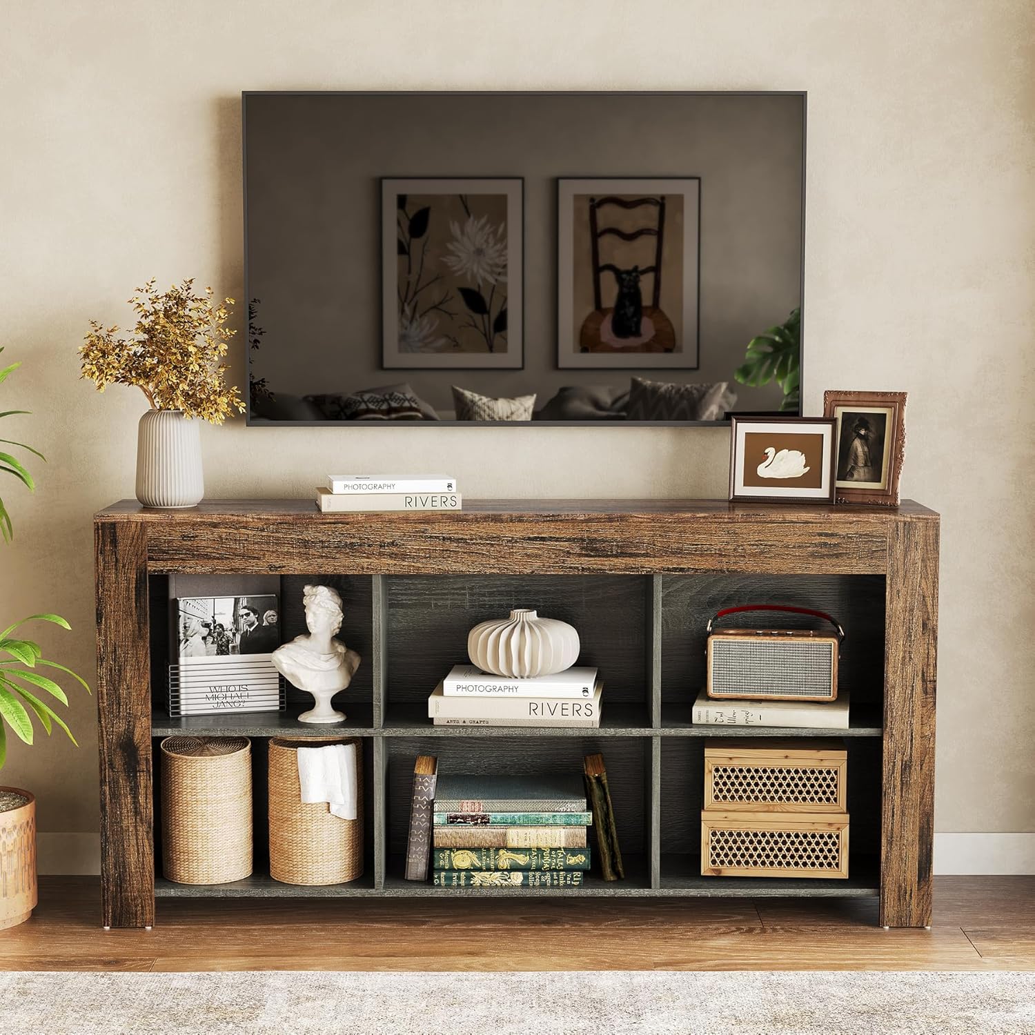 LITTLE TREE TV Stand with Storage, 63-Inch Entertainment Center with Shelves, Modern Media Console for Television up to 65" for Living Room, Bedroom, Brown + Black