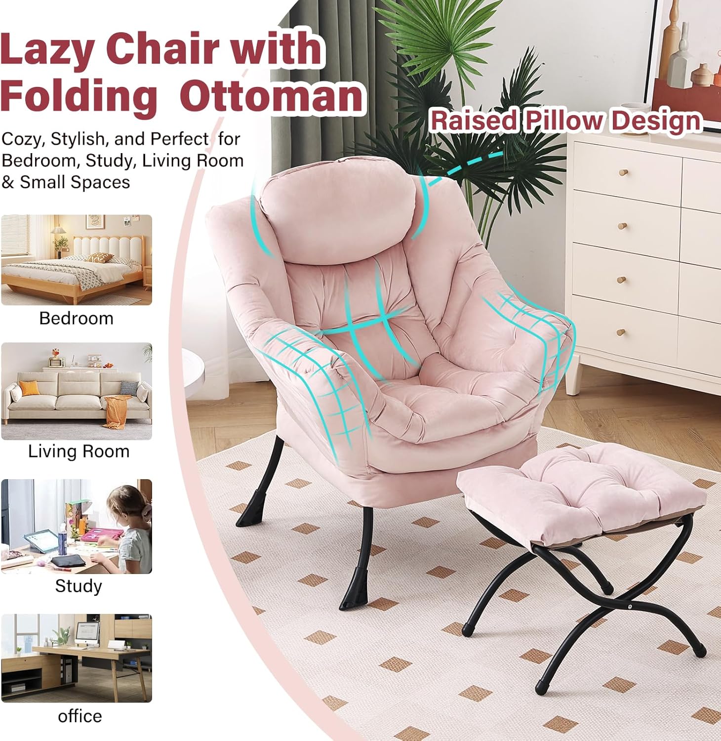Furlide Lazy Chair with Ottoman, Modern Chair with Folding Footrest, Lounge Accent Chair, Comfortable Reading Chair, Oversized Armchairs for Bedroom, Study, Living Room, Courtyard (Pink)