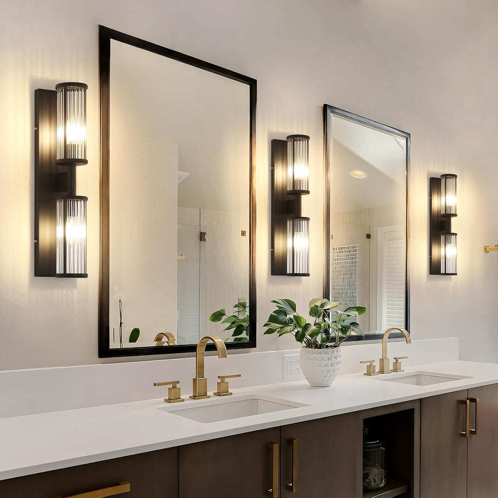 Modern Vanity Light Set of 2 - Matte Black Industrial Wall Sconces with Glass Rod Shades, Bathroom Mirror Lighting for Bedroom, Hallway, Dressing Room