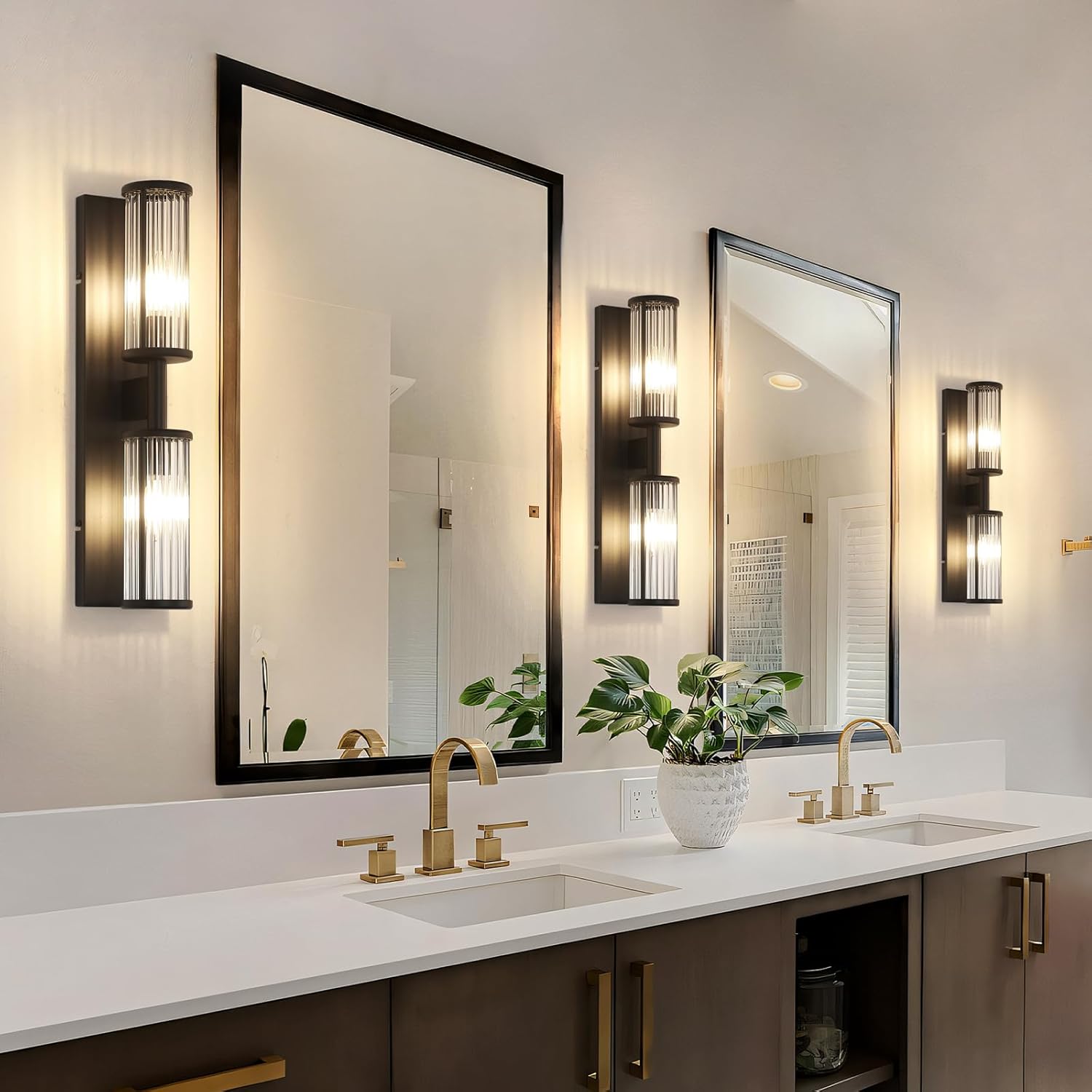 Modern Vanity Light Set of 2 - Matte Black Industrial Wall Sconces with Glass Rod Shades, Bathroom Mirror Lighting for Bedroom, Hallway, Dressing Room