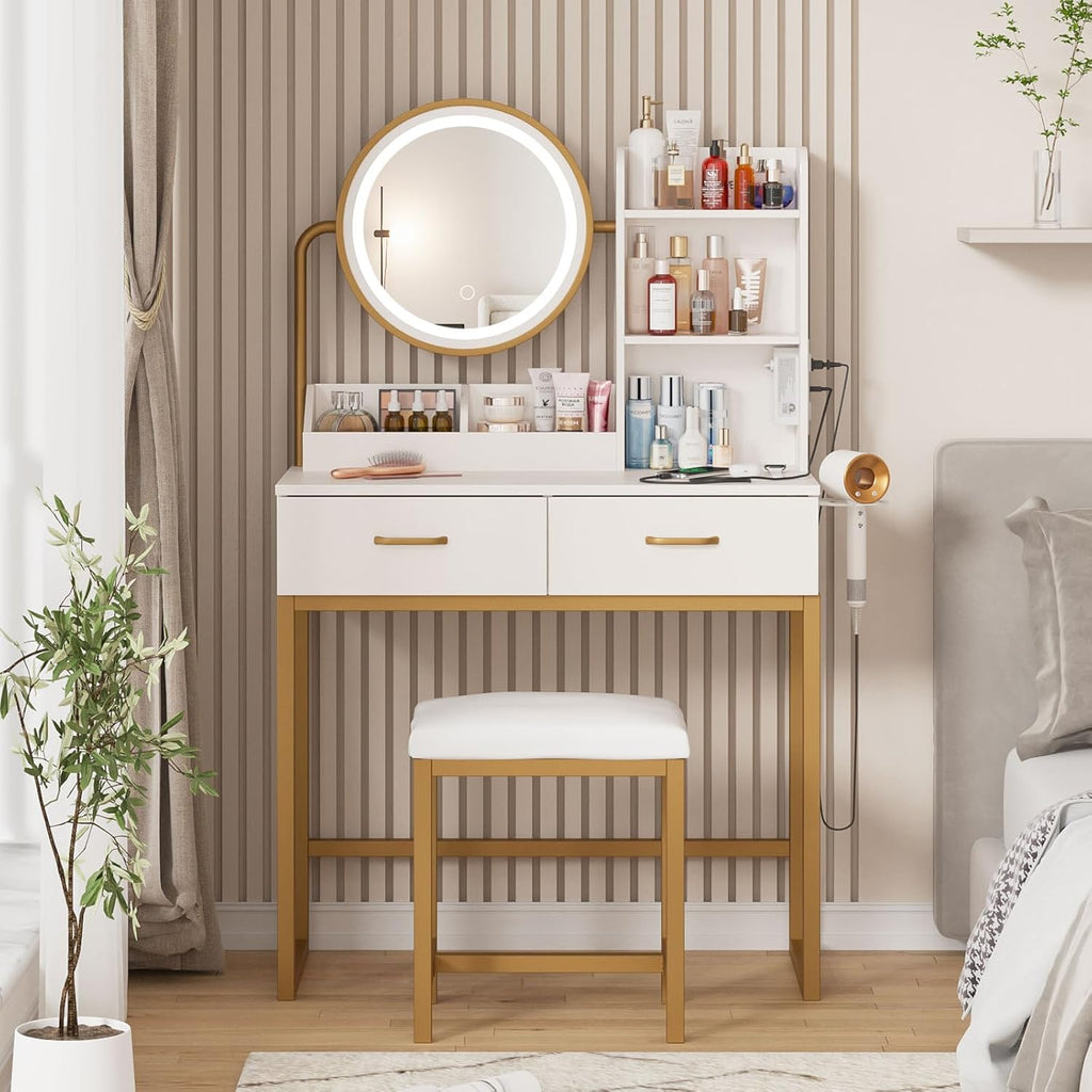 Vabches Makeup Vanity with Round Mirror and Lights, White Vanity Makeup Table with Charging Station, Small Vanity Table for Bedroom, 3 Lighting Modes, 31.5in(L)