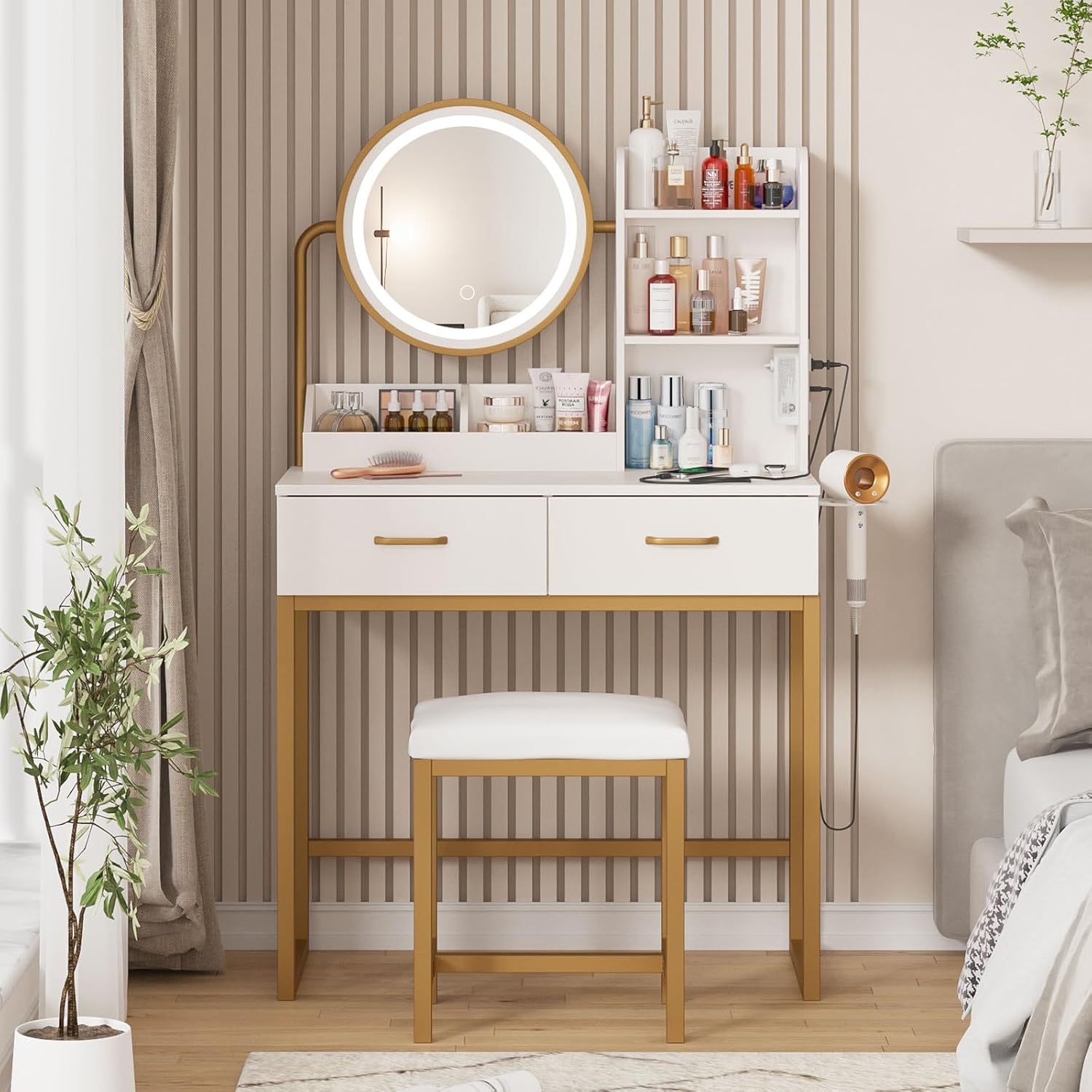 Vabches Makeup Vanity with Round Mirror and Lights, White Vanity Makeup Table with Charging Station, Small Vanity Table for Bedroom, 3 Lighting Modes, 31.5in(L)
