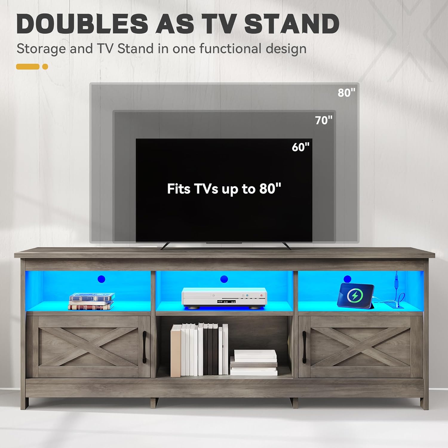 YITAHOME TV Stand for 80/75/70 Inch TVs, Farmhouse Entertainment Center with LED Lights & Storage Cabinets, Open Shelves & Adjustable Shelf, TV Consoles for Living Room, Washed Gray
