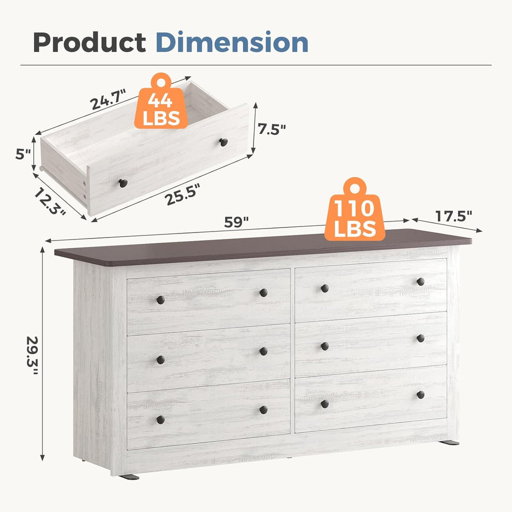 DUMOS Home Storage for Living Room, Wood Cabinet with 6 Drawers, 59" Wide TV Stand with Metal Handles, Storage Organizer for Bedroom, Entryway and Home Office, Wood