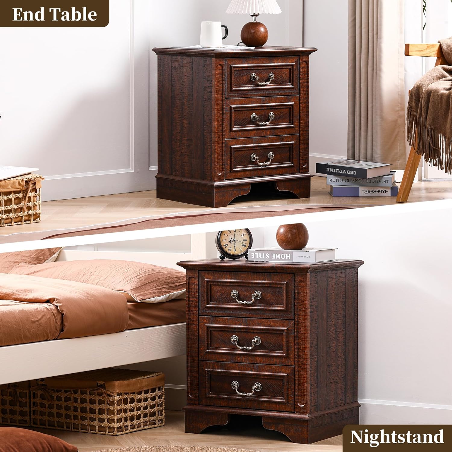 Farmhouse Dresser and Nightstand Sets, 6-Drawer with 7 Drawer Dresser & 3 Drawer Nightstand Sets, 4 Pieces Rustic Wood Bedroom Furniture Set for Home, Bedroom, Hallway(Dark Brown)