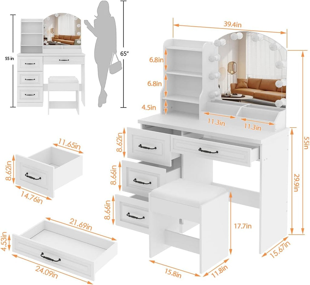 Vabches Makeup Vanity Desk with Mirror and Lights & Power Outl,White Dressing Table 3 Lighting Colors, 4 Drawers, Makeup Vanity Set for Bedroom