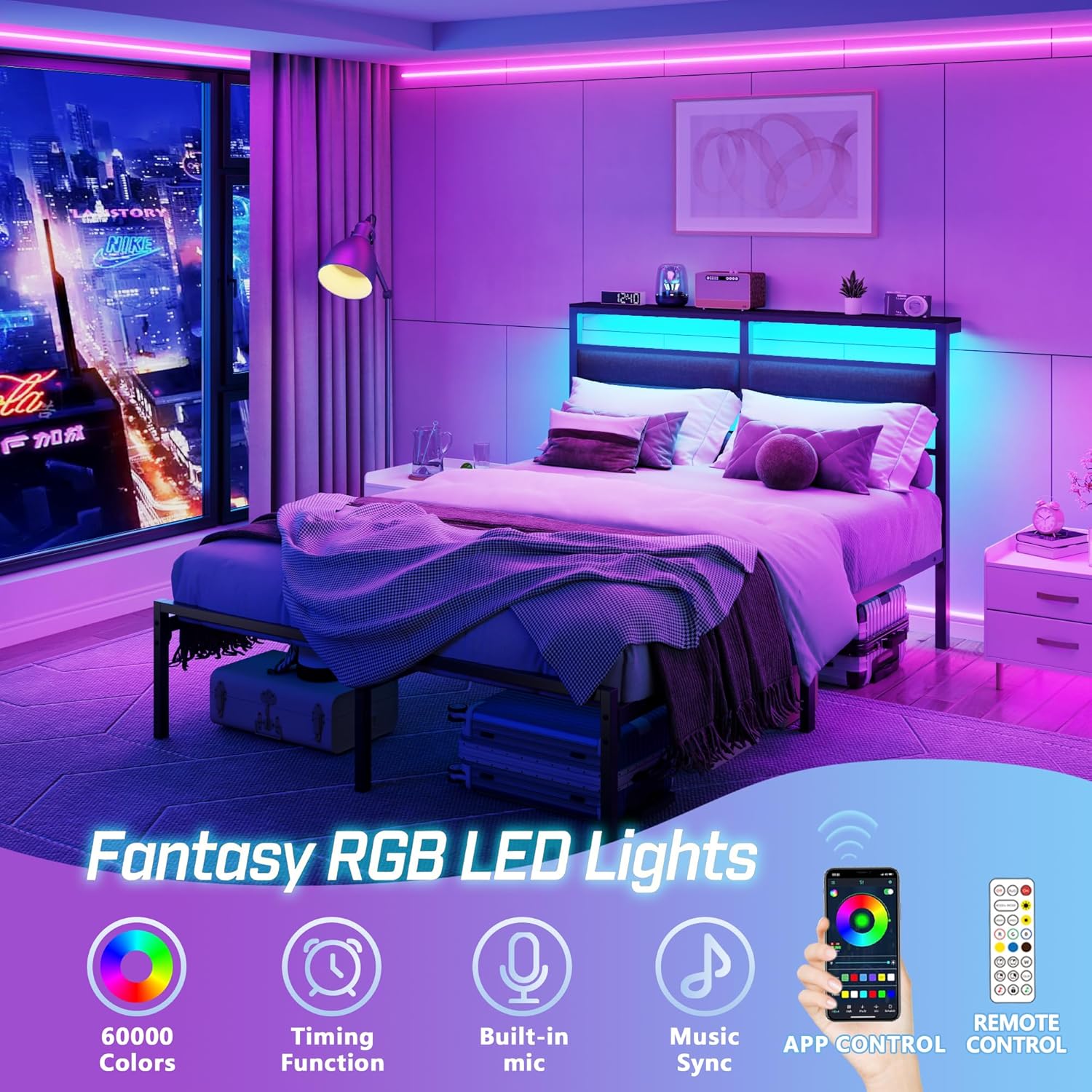 OURPIC Full Size Bed Frame with Headboard, Bed Frame Full Size with LED Light and Charging Station, Black Metal Platform Bedframe and Storage Shelf, No Box Spring Needed, Noise Free