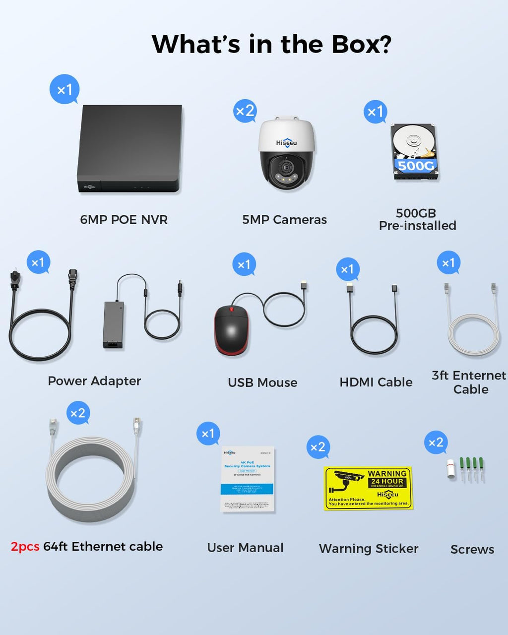 Hiseeu 6MP PoE Secuirty Camera System,with 2PCS 5MP PoE Wired Security Cameras Outdoor&Indoor,2-Way Audio,Color Night Vision,Remote Access,500GB HDD for Home Surveillance