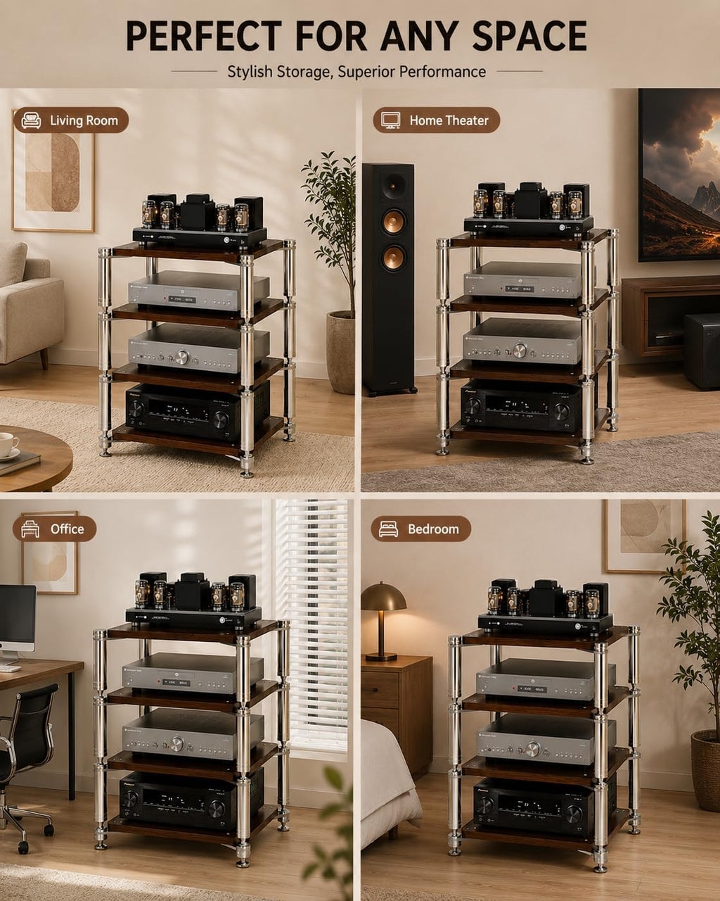 Heavy Duty AV Stand, Open Design's Audio Racks with Shock-Absorbing Foot pegs, Strong Load-Bearing Capacity Audio Component Rack, for Offices and Recording Studios (Black Black, 4tier)