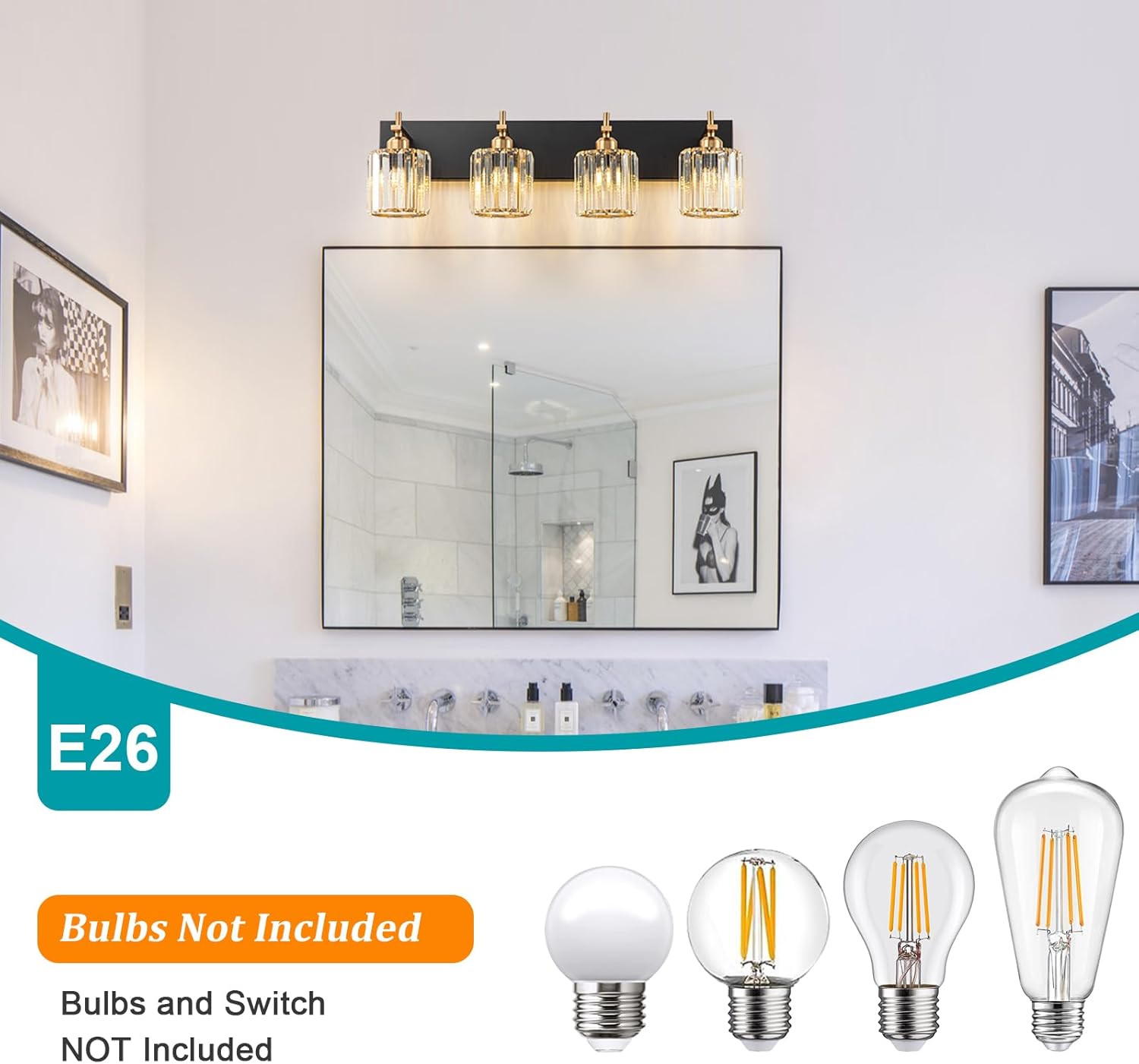 Black Gold Crystal Bathroom Vanity Light, Modern 4-Lights Bathroom Light Fixtures Over Mirror, Crystal Wall Lighting with Polished Gold Finish